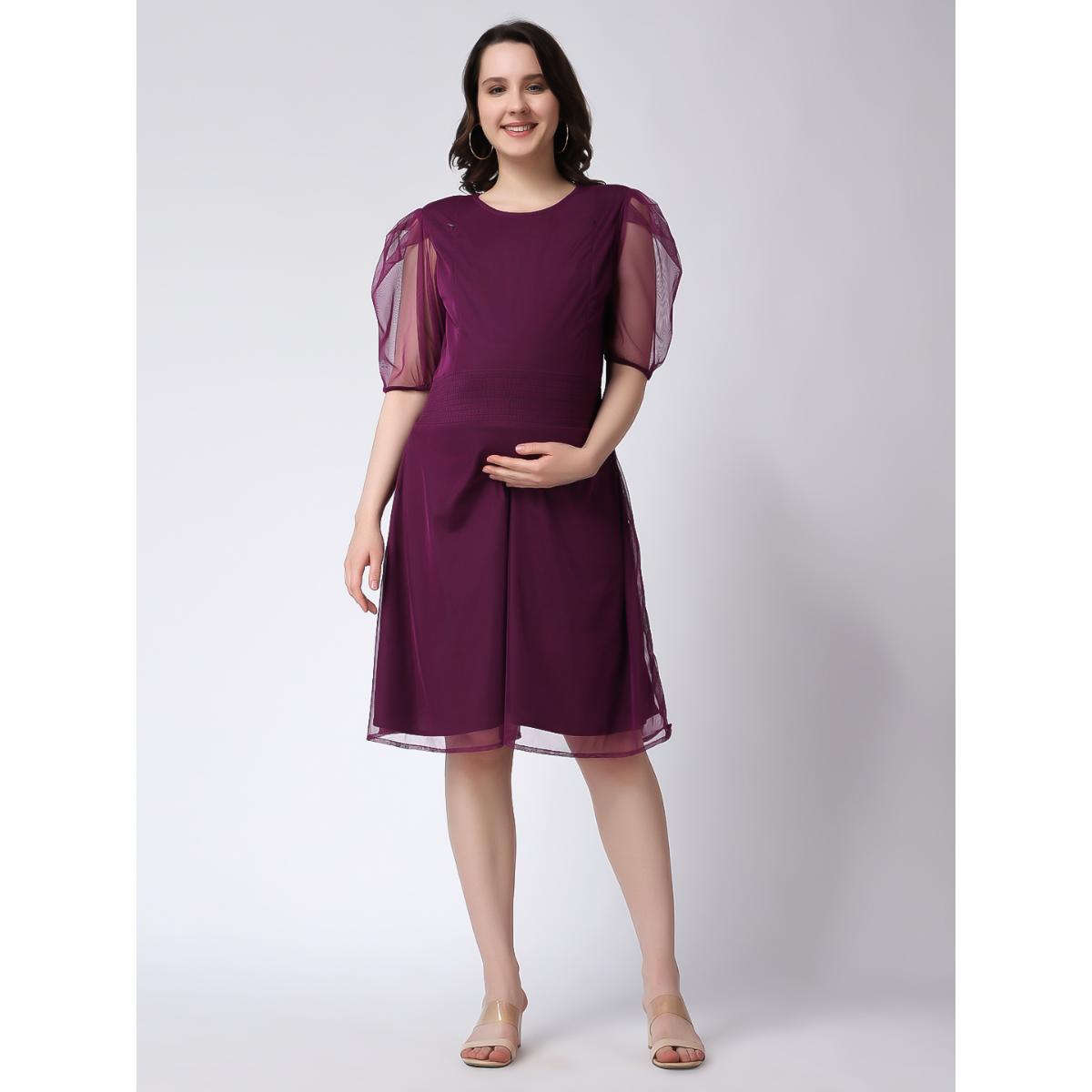 Buy Moms Maternity Womens Solid Net Lace Purple Midi Dress Online