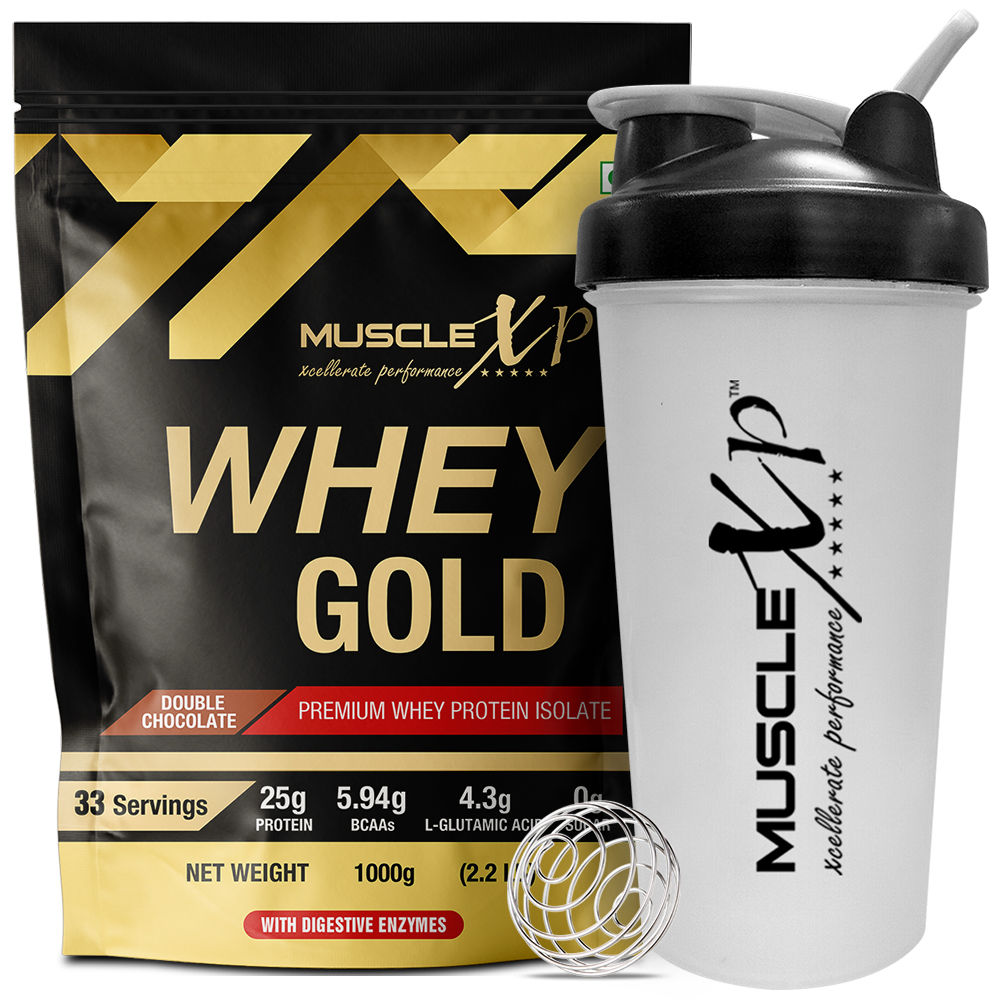 MuscleXP Whey Gold Protein - Premium Whey Protein Isolate Double Chocolate, (Pouch) + Shaker