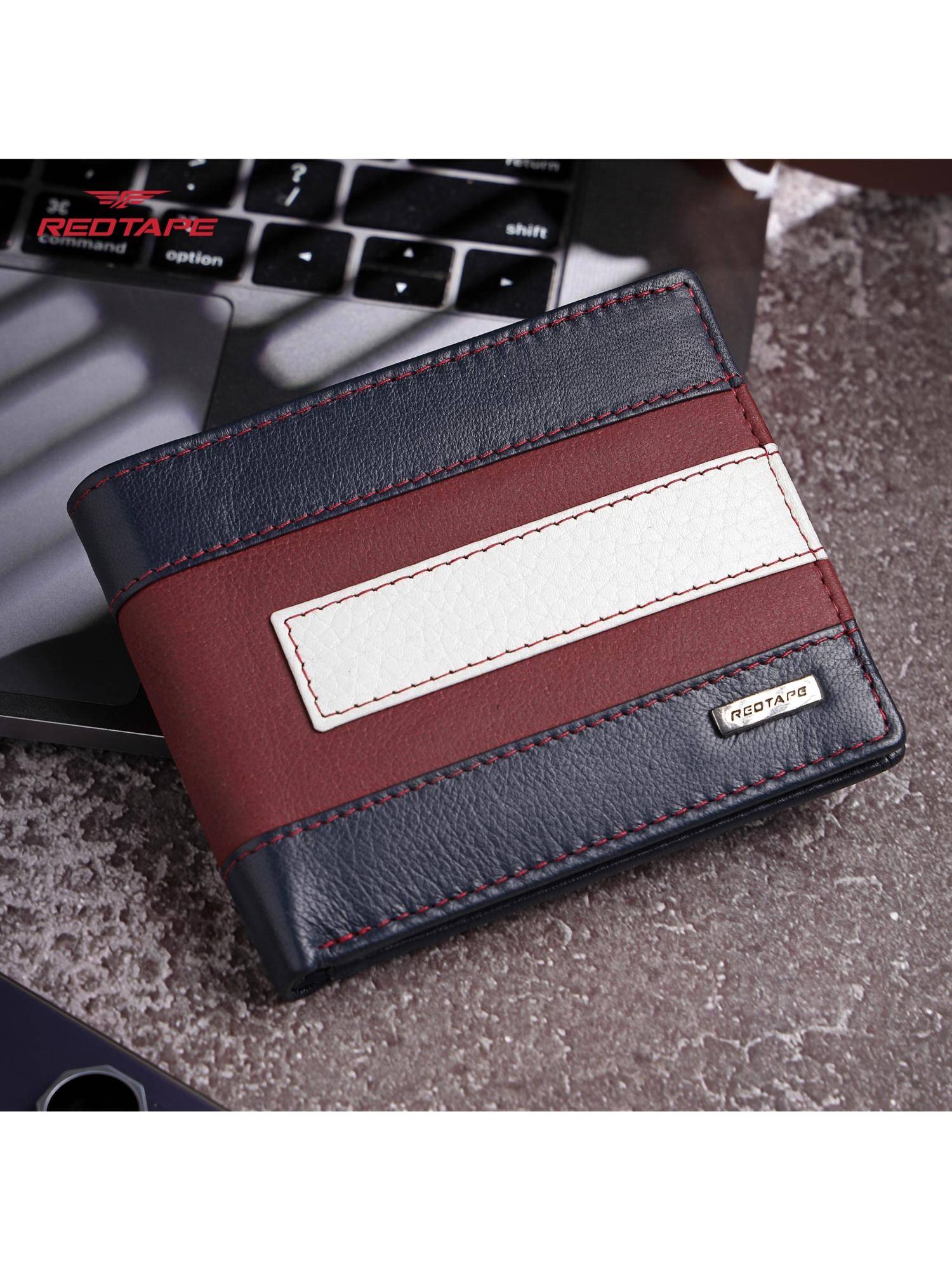 Red Tape Men Navy Blue-Red and White Colorblock Genuine Leather Rfid Wallet