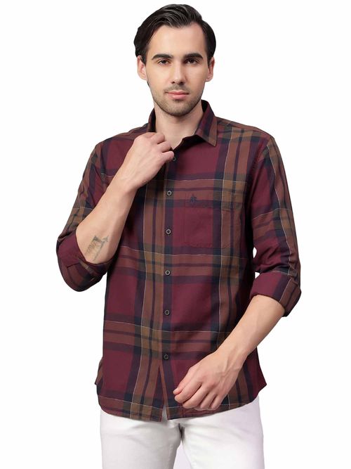 Cantabil Men Maroon Checkered Full Sleeves Casual Shirt