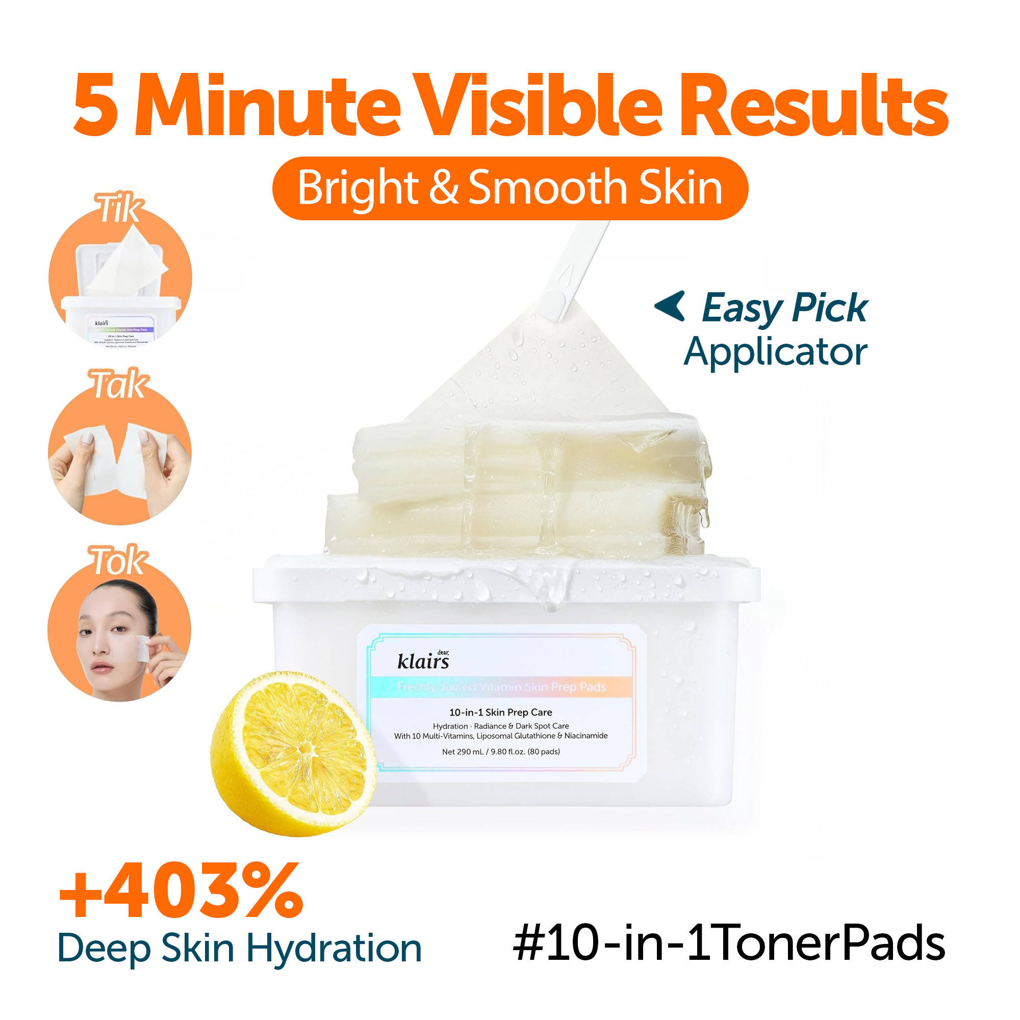 Klairs Freshly Juiced Vitamin Skin Prep Pads Brighten Dull Skin & Hydrate, Vit C & Niacinamide