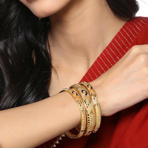 Yellow Chimes Set of Gold Toned Peacock Designed Meenakari Touch  Traditional Bangles
