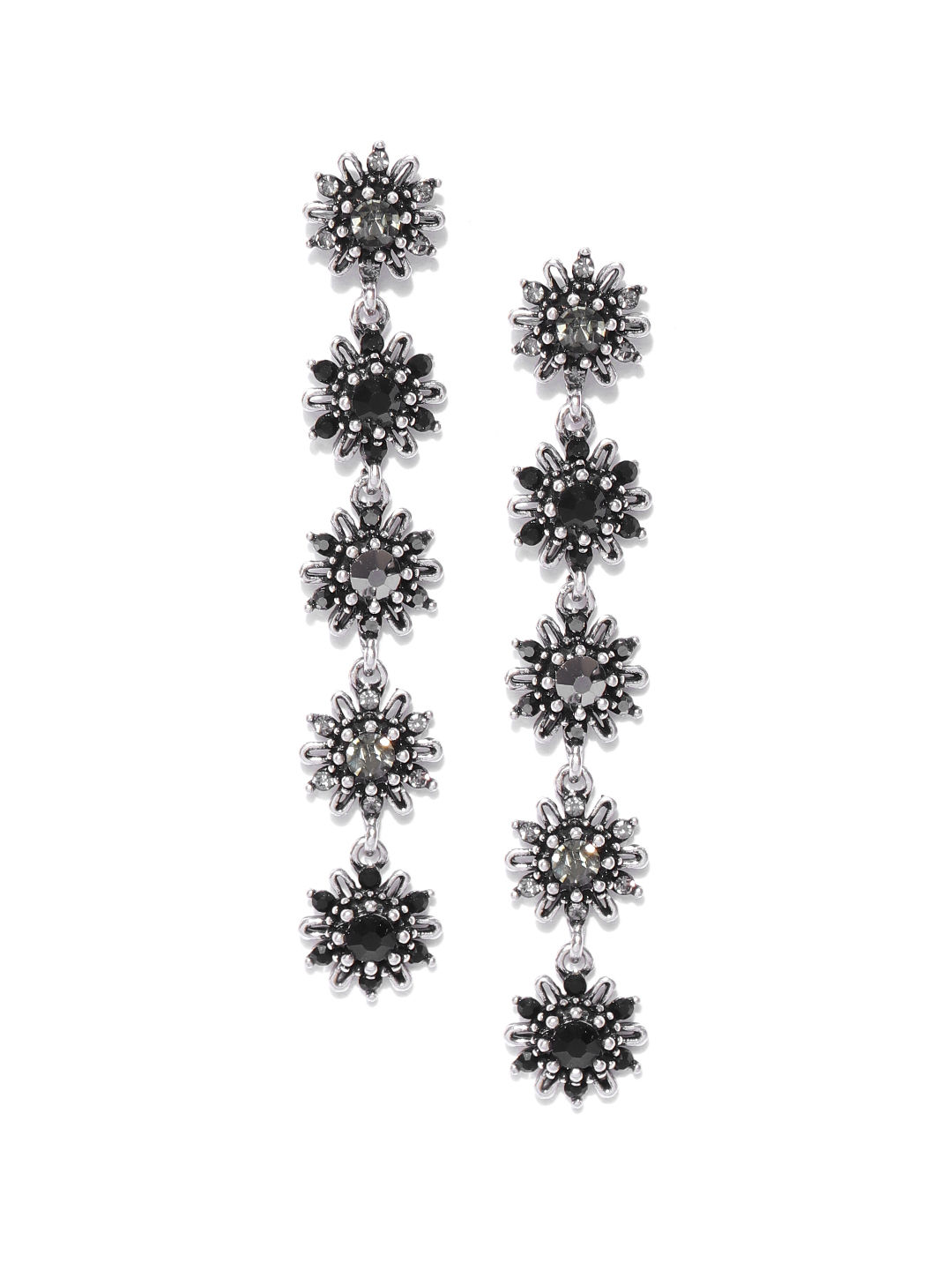 Jewels Galaxy Black SilverPlated Handcrafted StoneStudded Floral Drop