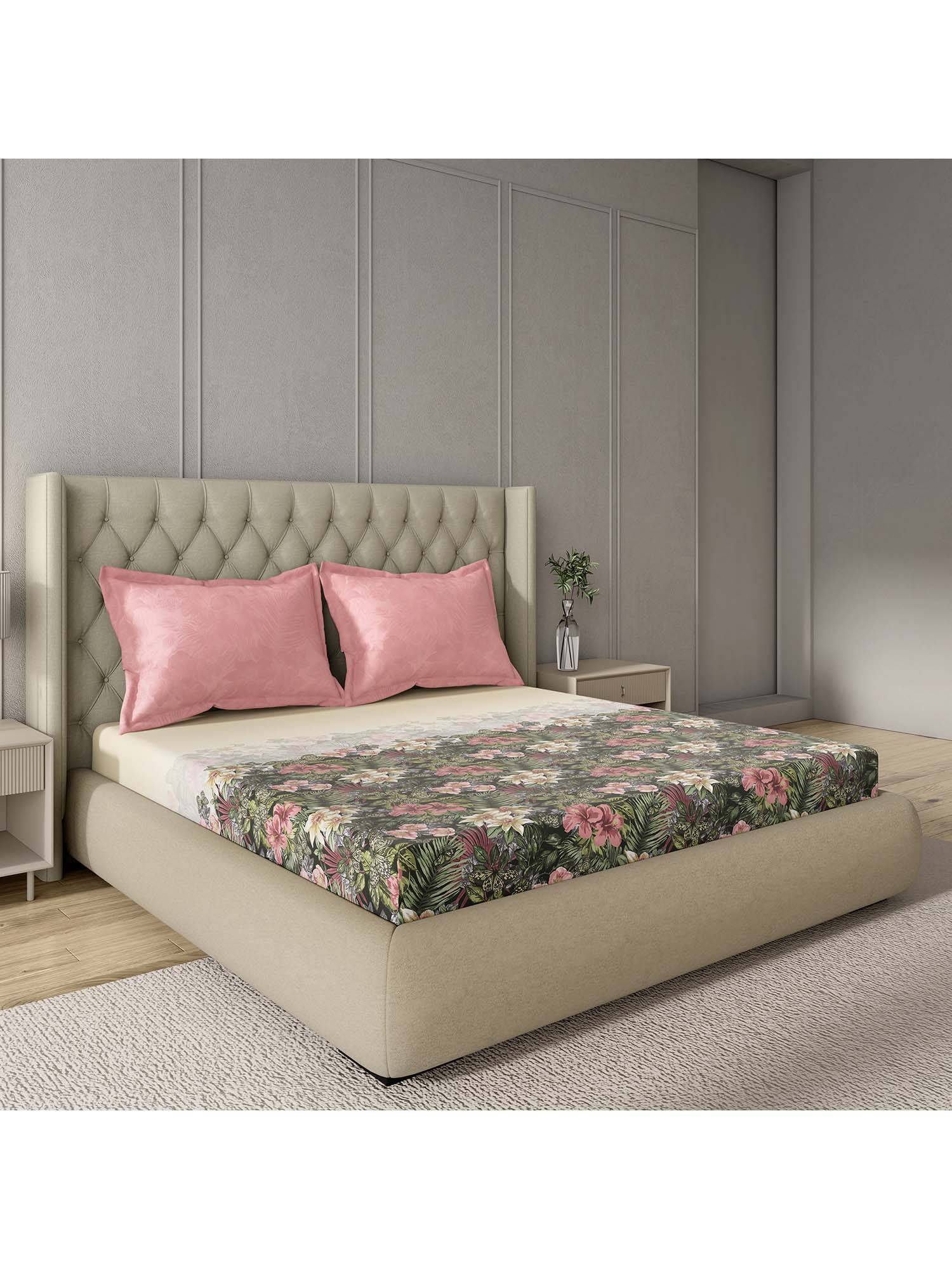 GM 100% Cotton Green Digital Printed 144TC King Bedsheet with 2 Pillow Covers