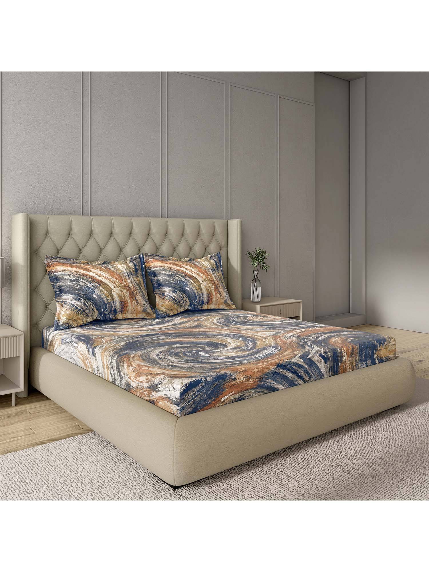 GM 100% Cotton Navy Digital Printed 144TC King Bedsheet with 2 Pillow Covers