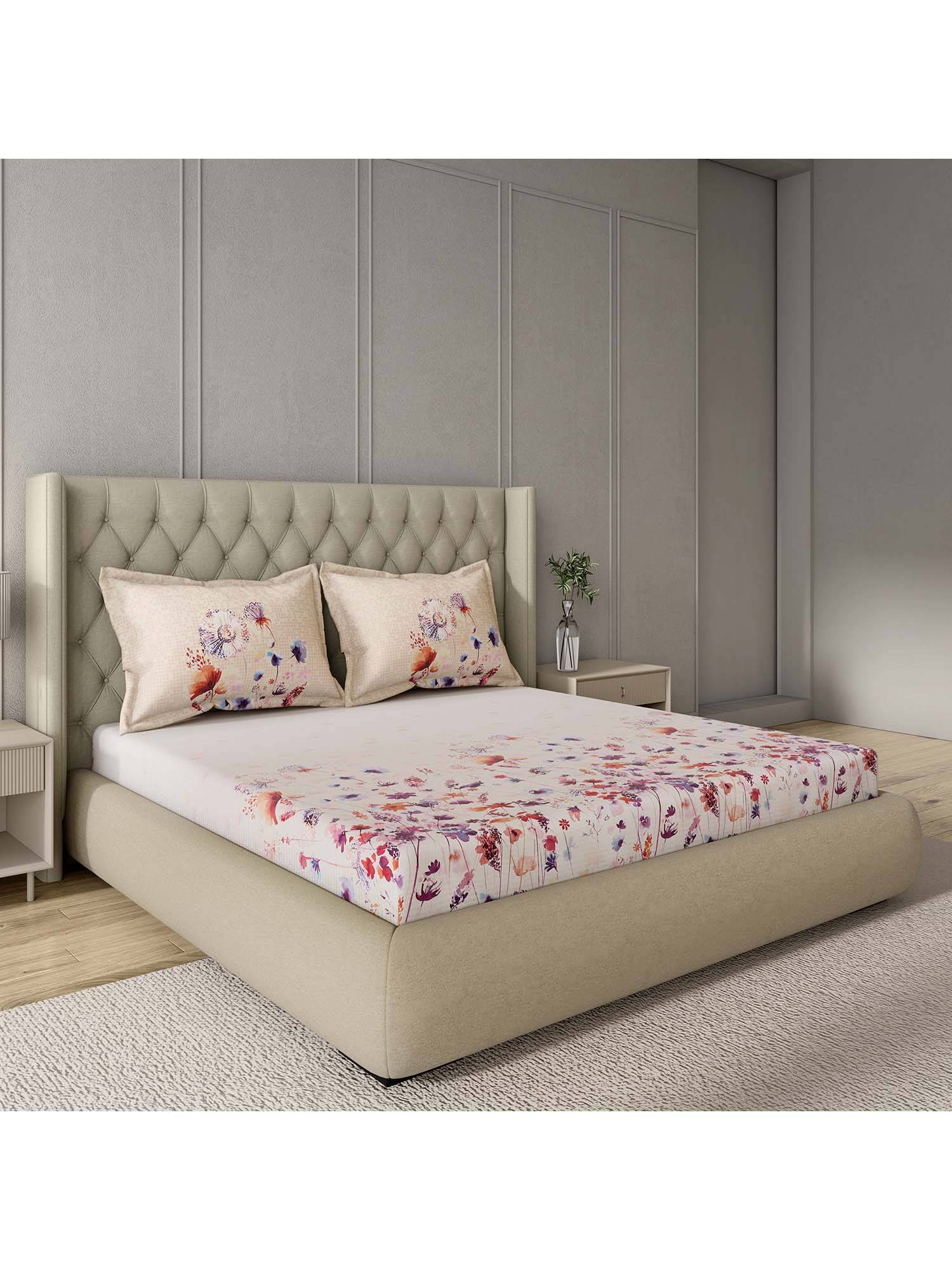 GM 100% Cotton Blush Pink Digital Printed 144TC King Bedsheet with 2 Pillow Covers