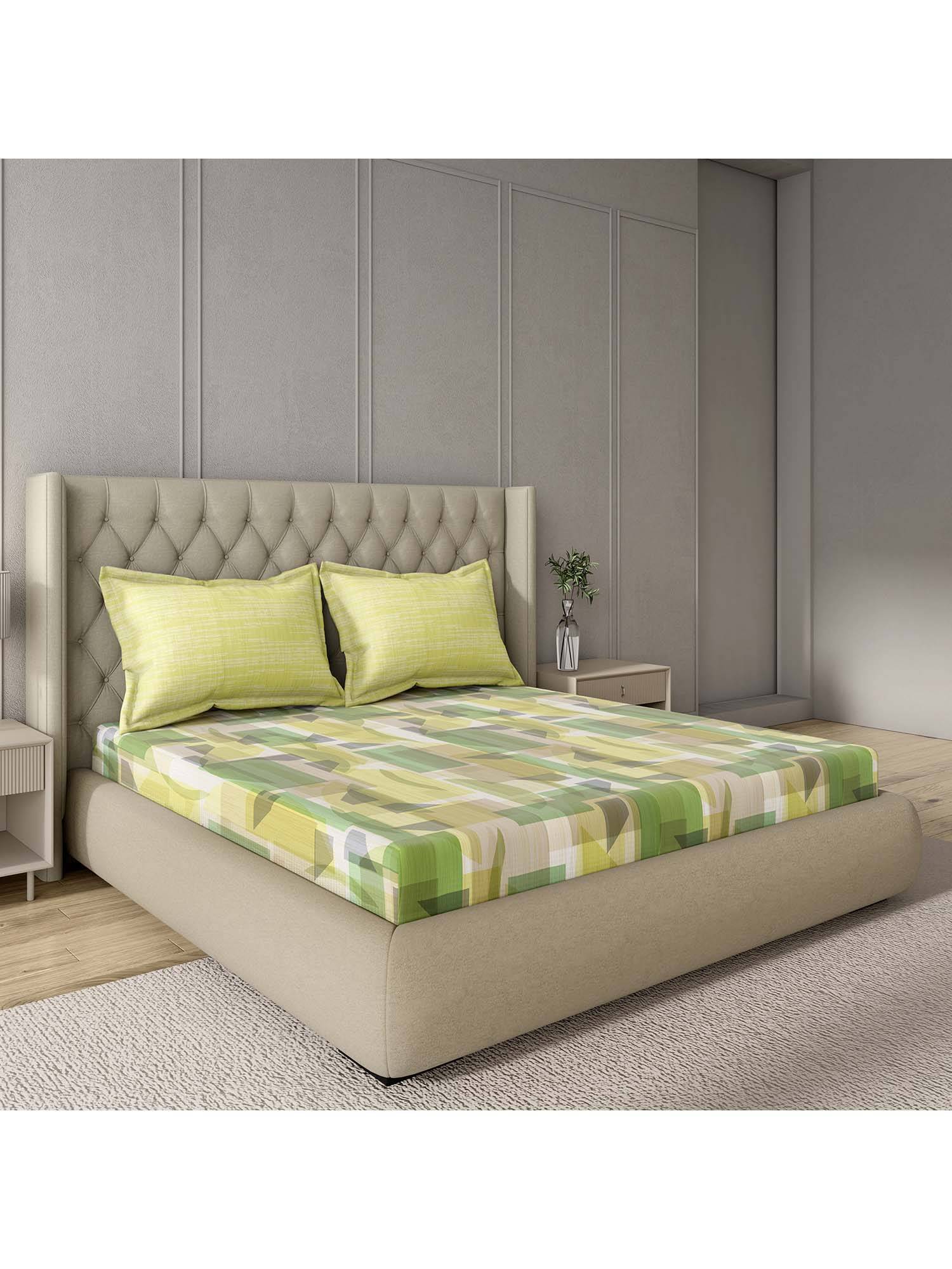 GM 100% Cotton Olive Green Digital Printed 144TC King Bedsheet with 2 Pillow Covers