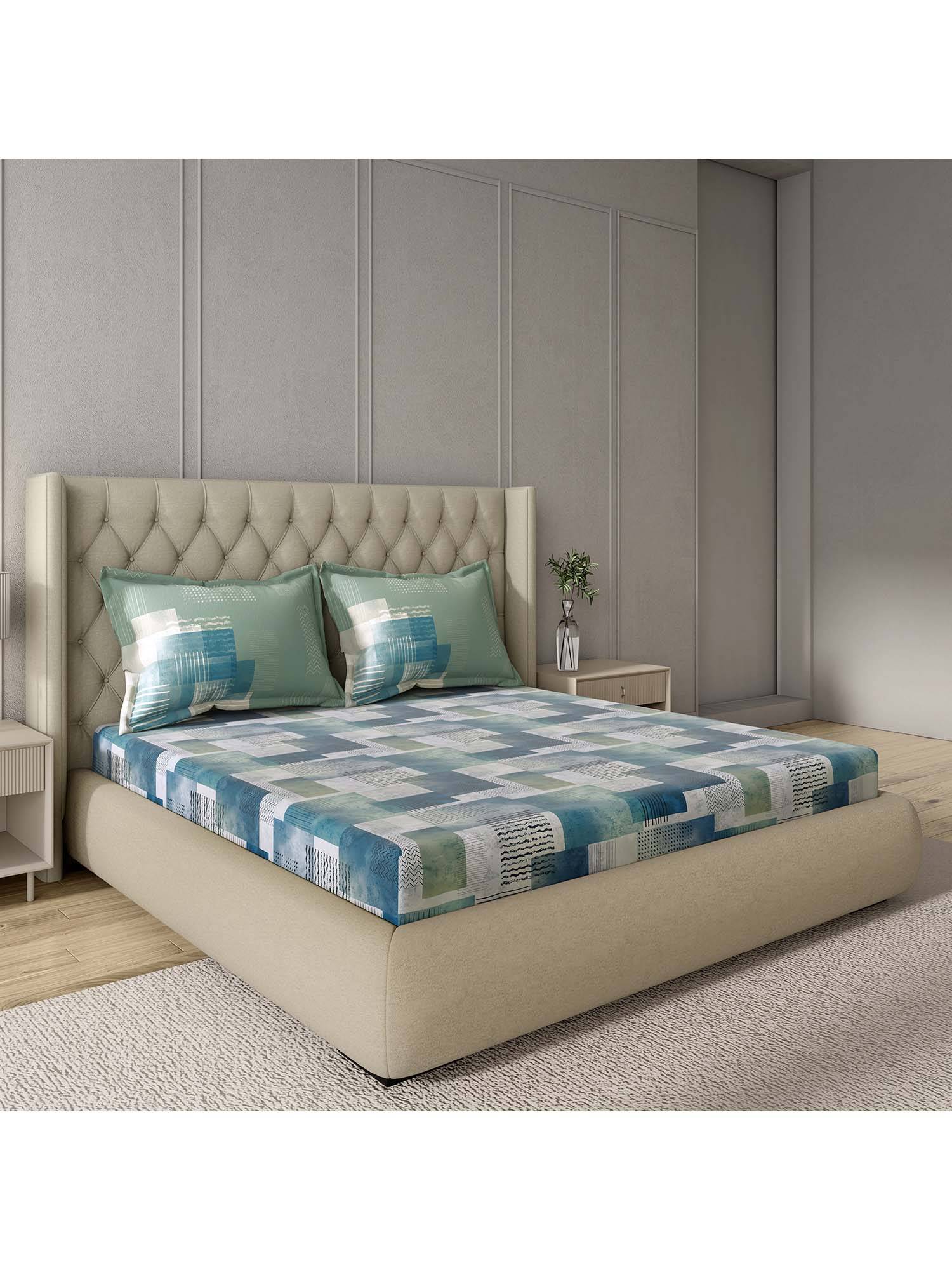 GM 100% Cotton Teal Digital Printed 144TC King Bedsheet with 2 Pillow Covers