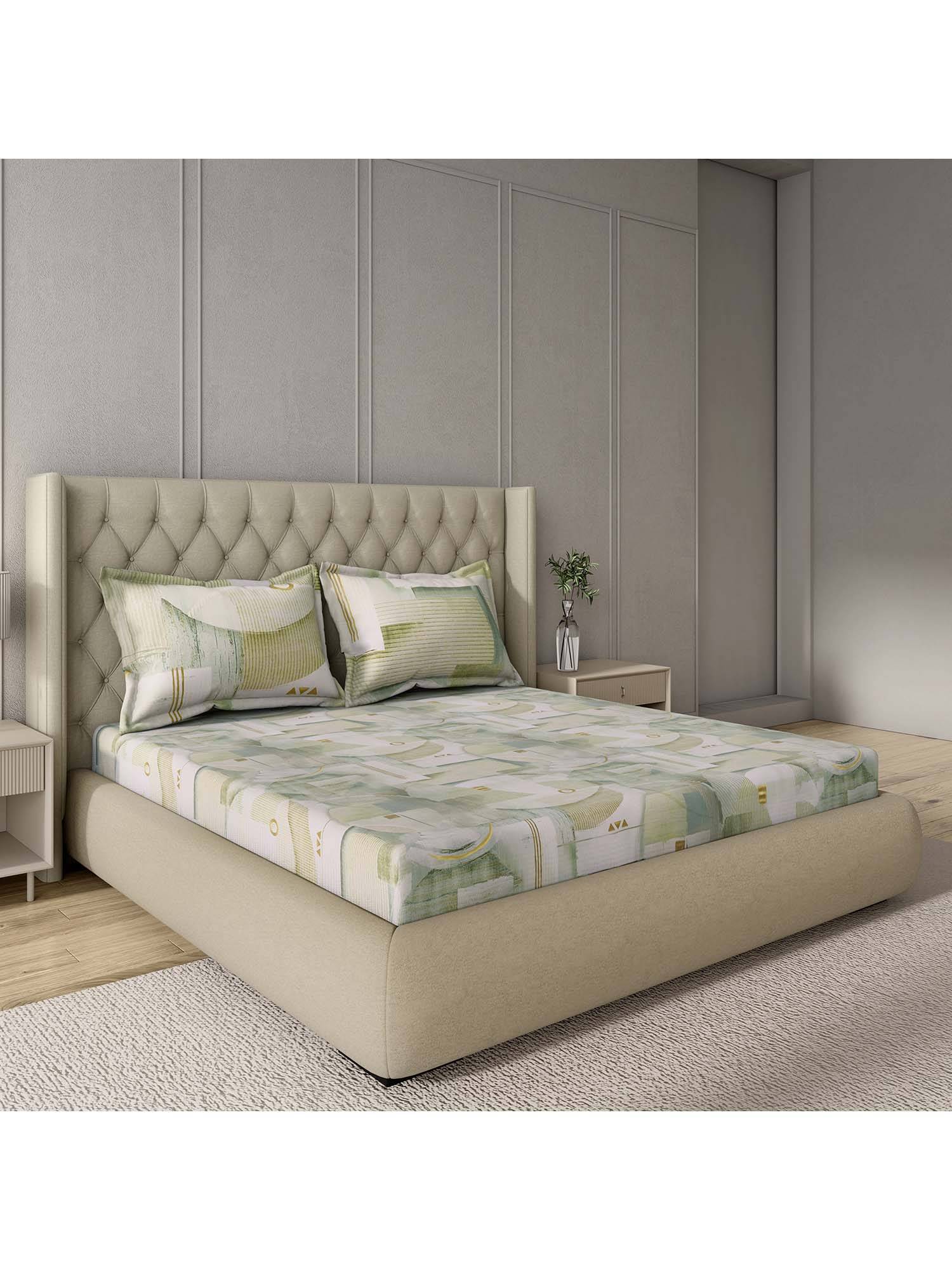 GM 100% Cotton Green Digital Printed 144TC King Bedsheet with 2 Pillow Covers