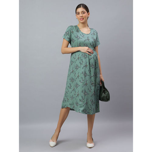 Buy Mamma's Maternity Sage Green Cotton Floral Maternity-Feeding Short  Night Dress Online