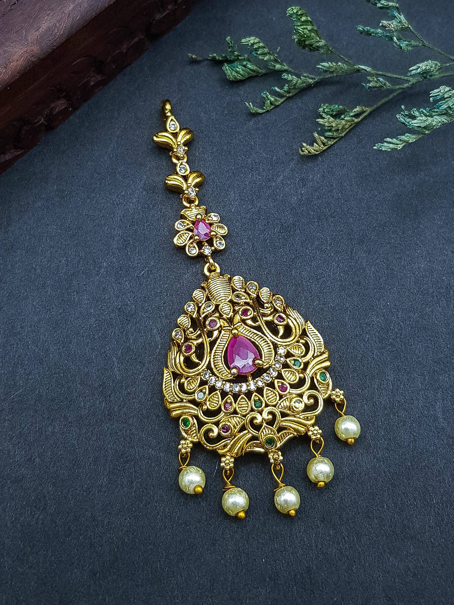 GRIIHAM Gold Plated Antique Short Maang Tikka