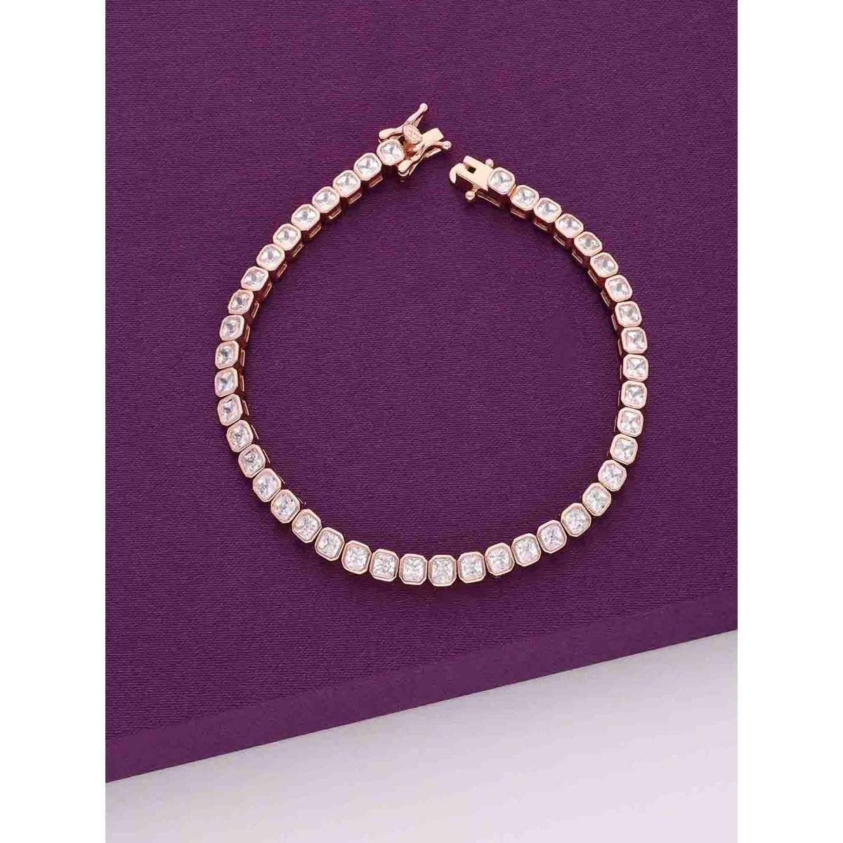 Kai Jewel String Of Small Squares Zircon Silver Tennis Bracelet - Rose Gold