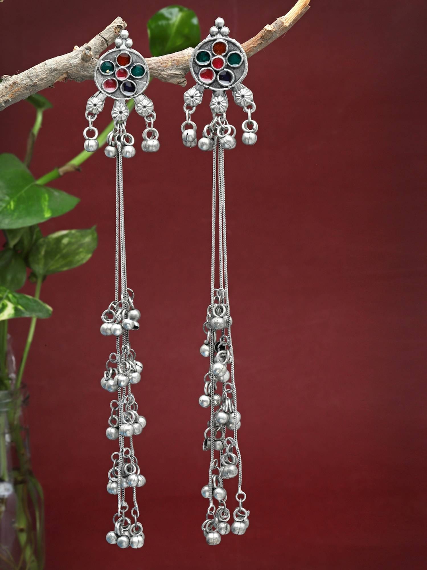 Moedbuille Antique Afghan Design Oxidised Silver Plated Tasselled Earrings