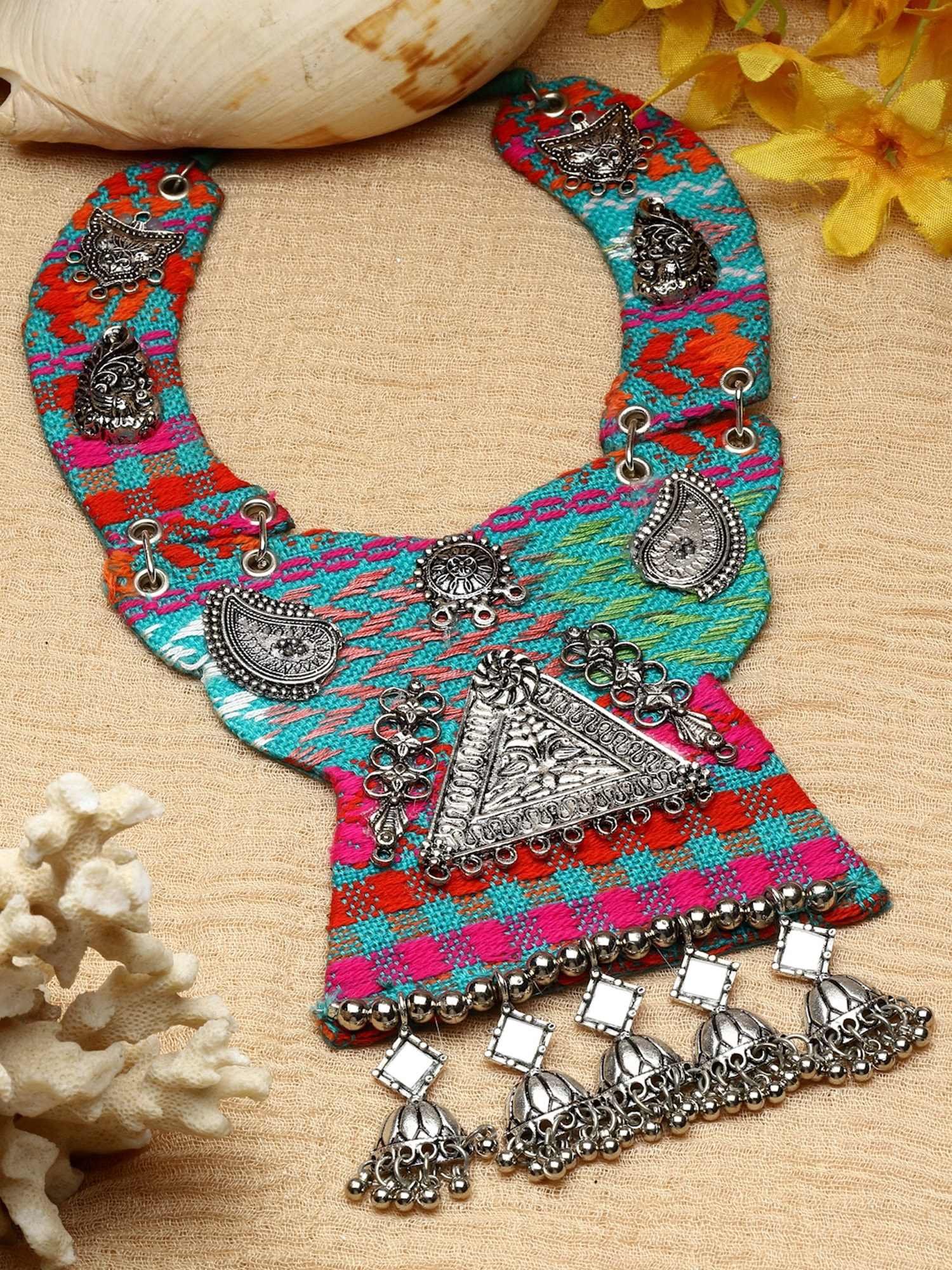 Moedbuille Mirrors Studded Afghan Tribal Design Oxidised Silver Plated Handcrafted Necklace