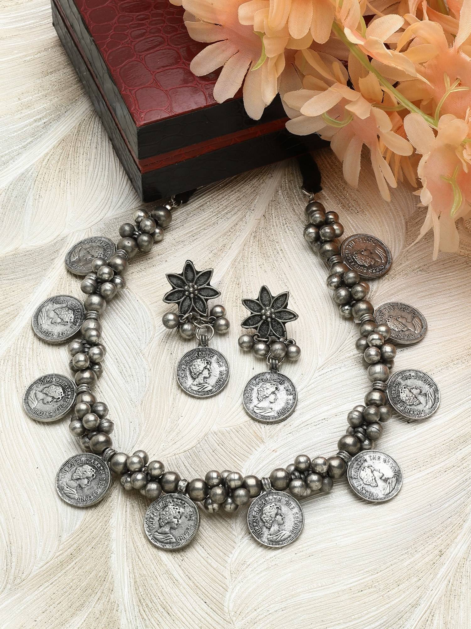 Moedbuille Handcrafted Antique Floral Design Oxidised Silver Plated Tribal Jewellery Set