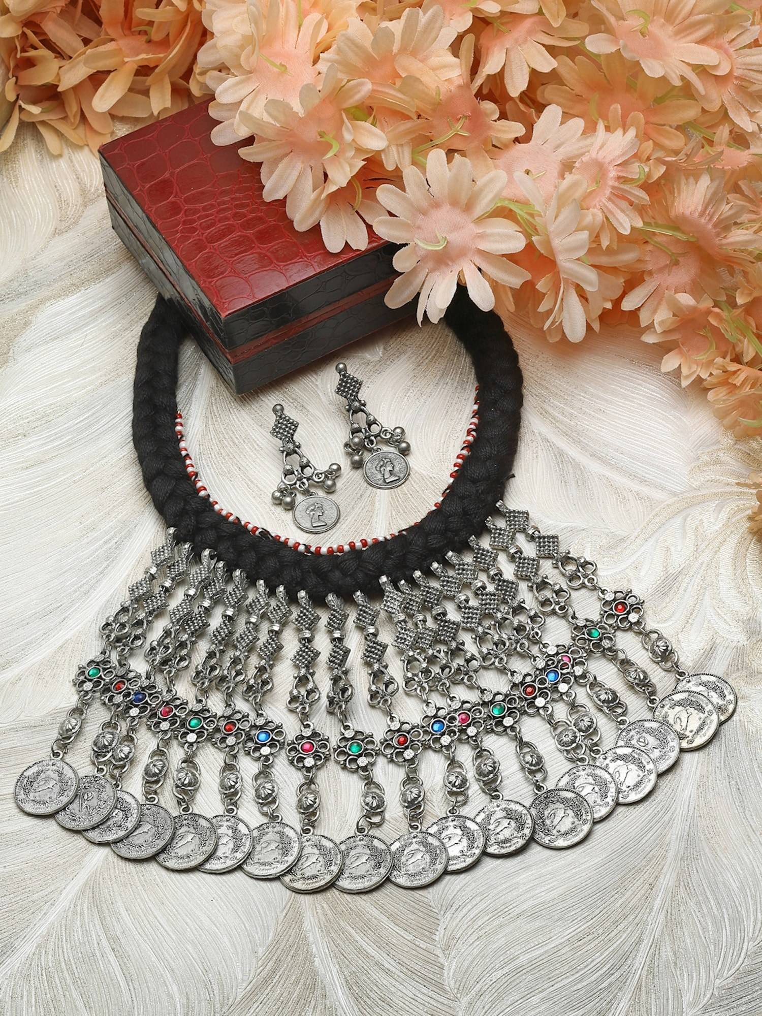 Moedbuille Handwoven Crystals Studded Tribal Tasselled Oxidised Silver Plated Jewellery Set