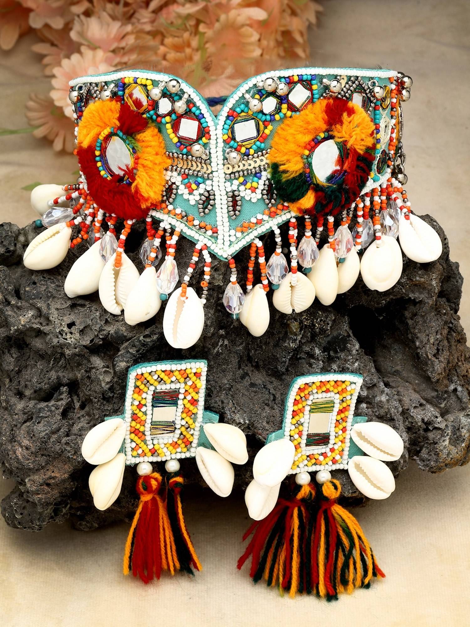 Moedbuille Crytals Beads and Mirrors Studded Tasselled Contemporary Design Pom-Pom Jewellery Set