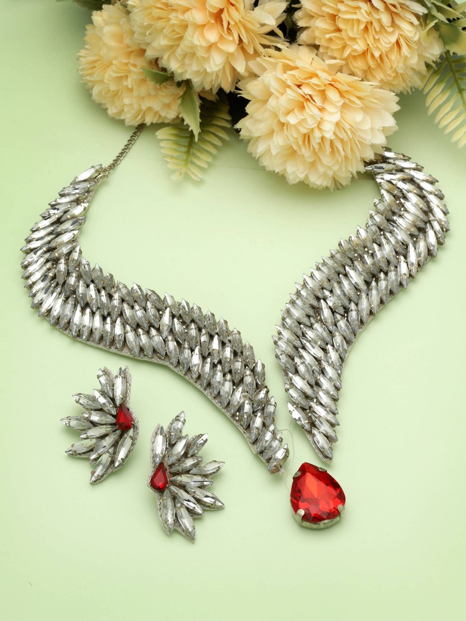 Moedbuille Stone and Crystals Studded Handcrafted Contemporary Wings Design Jewellery Set