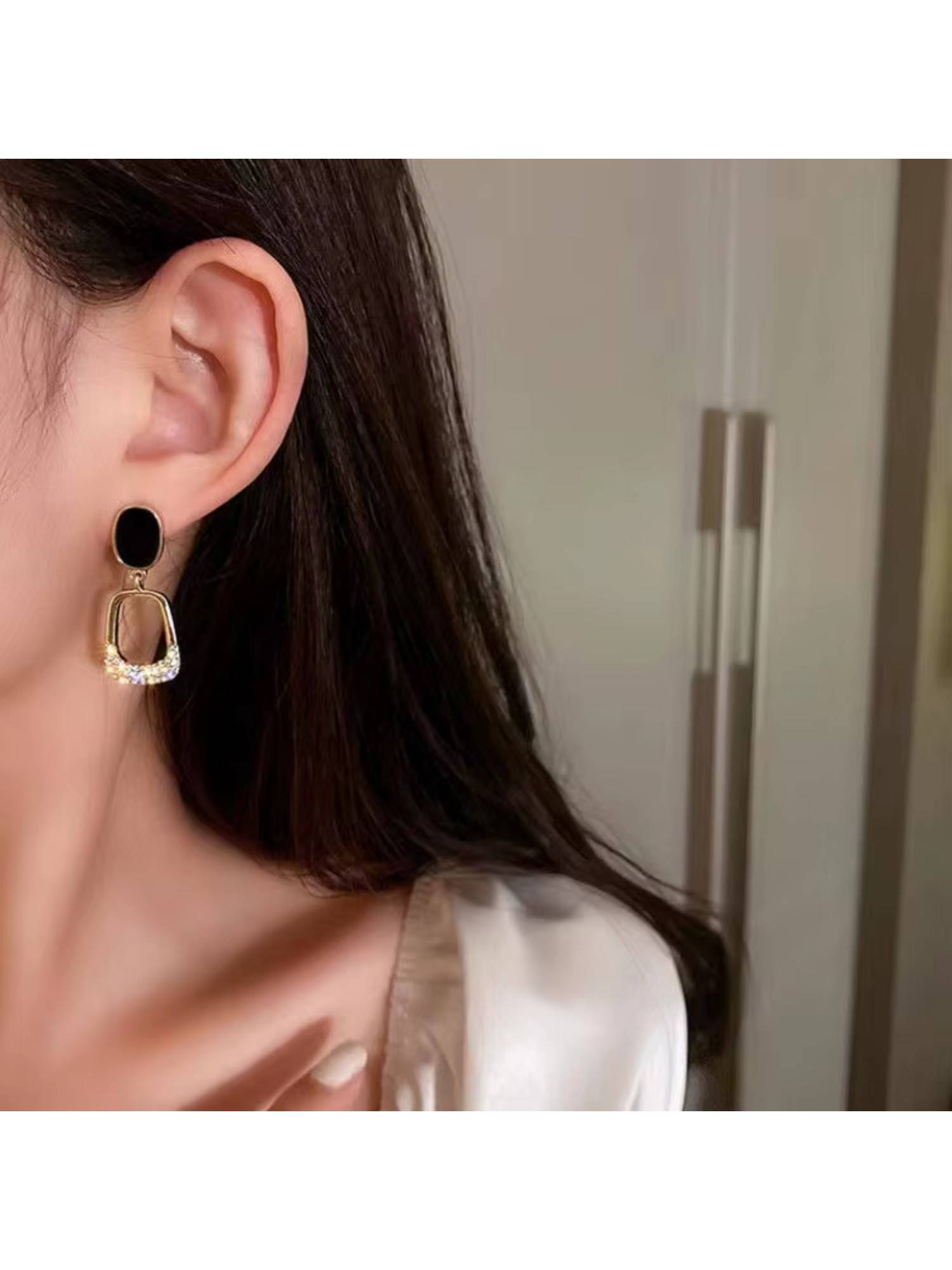 Jazz and Sizzle Elegant Black Stone And Gold Geometric Drop Earrings For Women