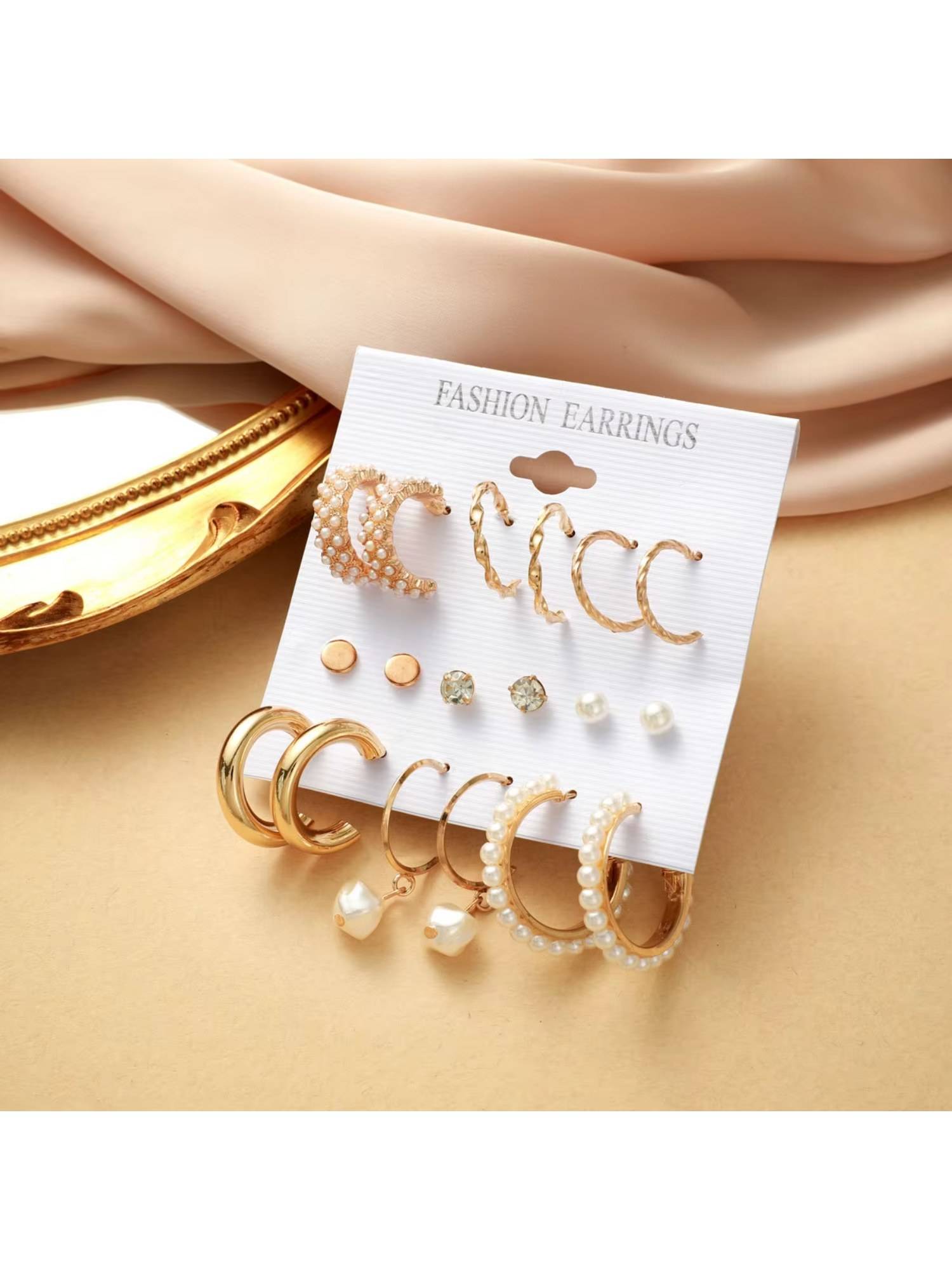 Jazz and Sizzle Gold Chunky Real Freshwater Pearl Hoops And Studs (Pack of 9)