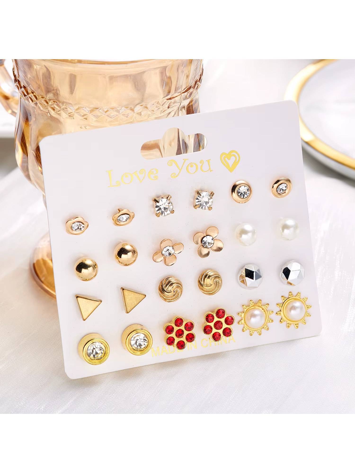 Jazz and Sizzle 2026 New Alloy Flower Heart Strawberry Diamond Earrings (Pack of 12)
