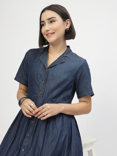 Buy Zelena Maternity and Nursing Dress Cotton Feeding with Button Denim  Blue Online