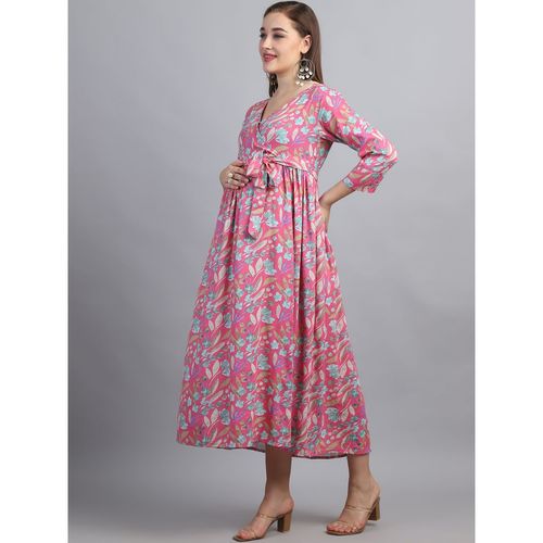 Moms Maternity Women's Floral Print Cotton Slub Pink Color Maternity Maxi  Wrap Dress (M)
