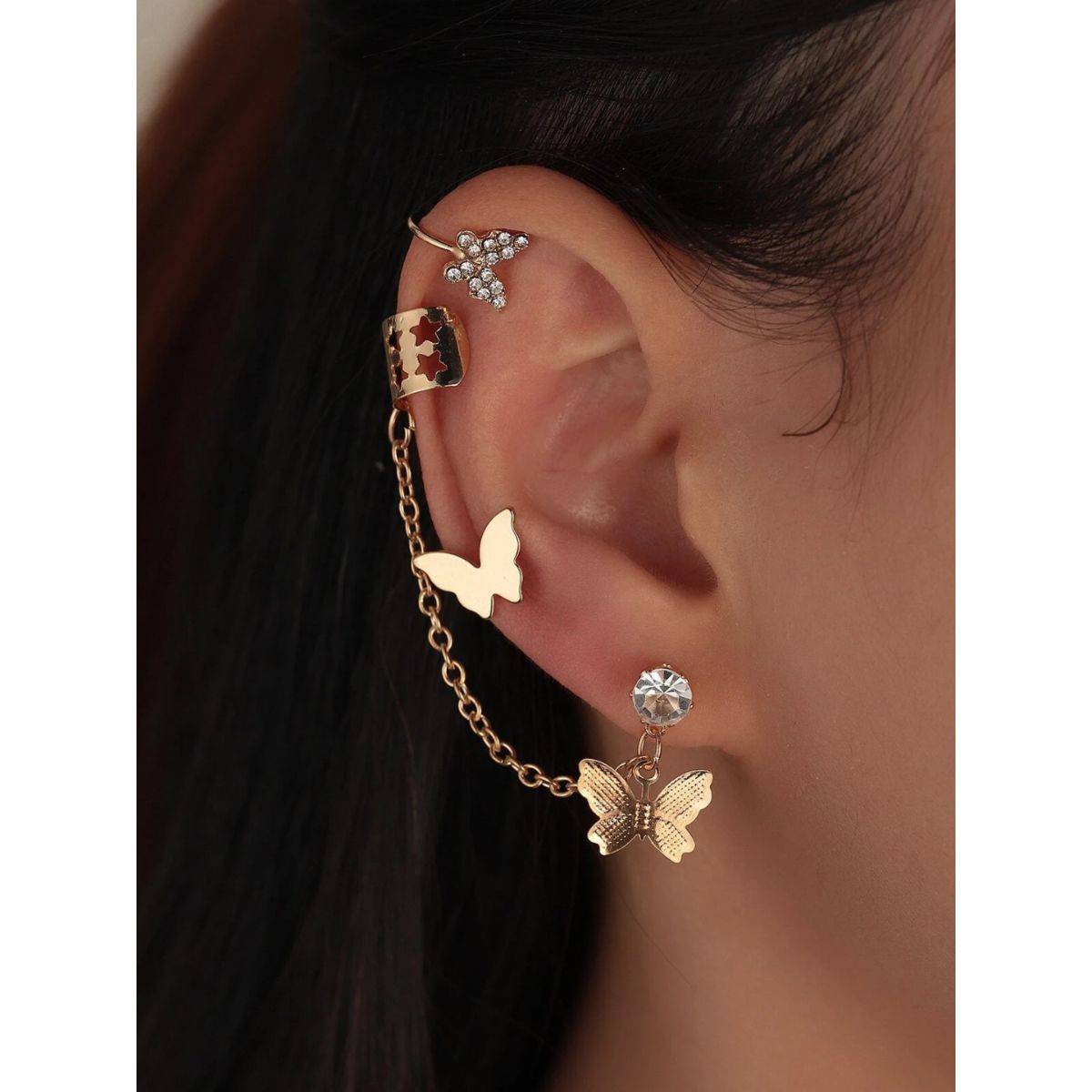 OOMPH Women Gold Tone Butterfly Design Ear Cuff Earrings (Pack of 3)