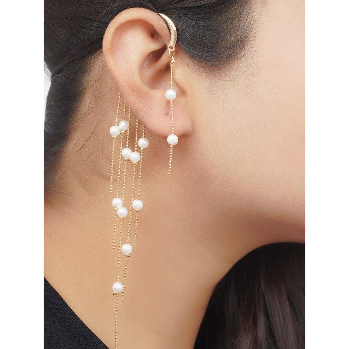OOMPH Women Gold Tone Delicate Design Pearl Tassels Ear Cuff Earrings