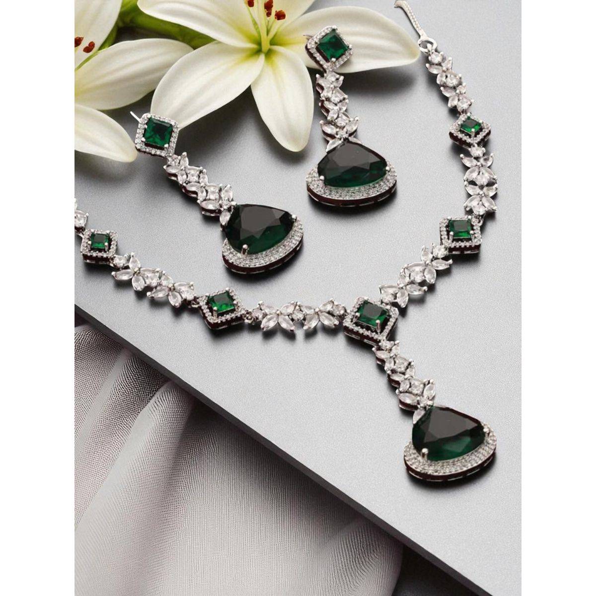 OOMPH Women Green American Diamond Necklace Set