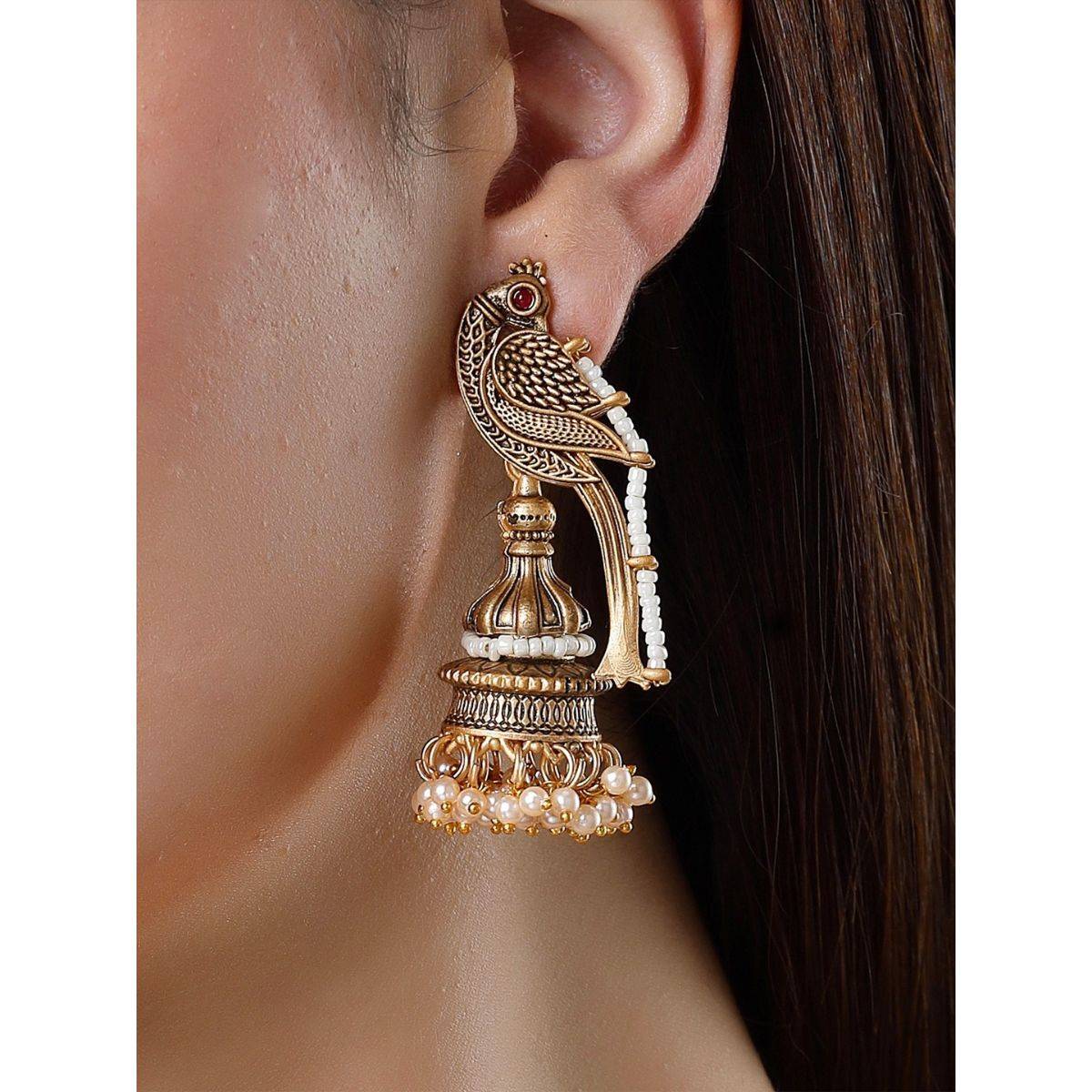 OOMPH Women Antique Peacock Shape Red Stone Ethnic Jhumka Earrings