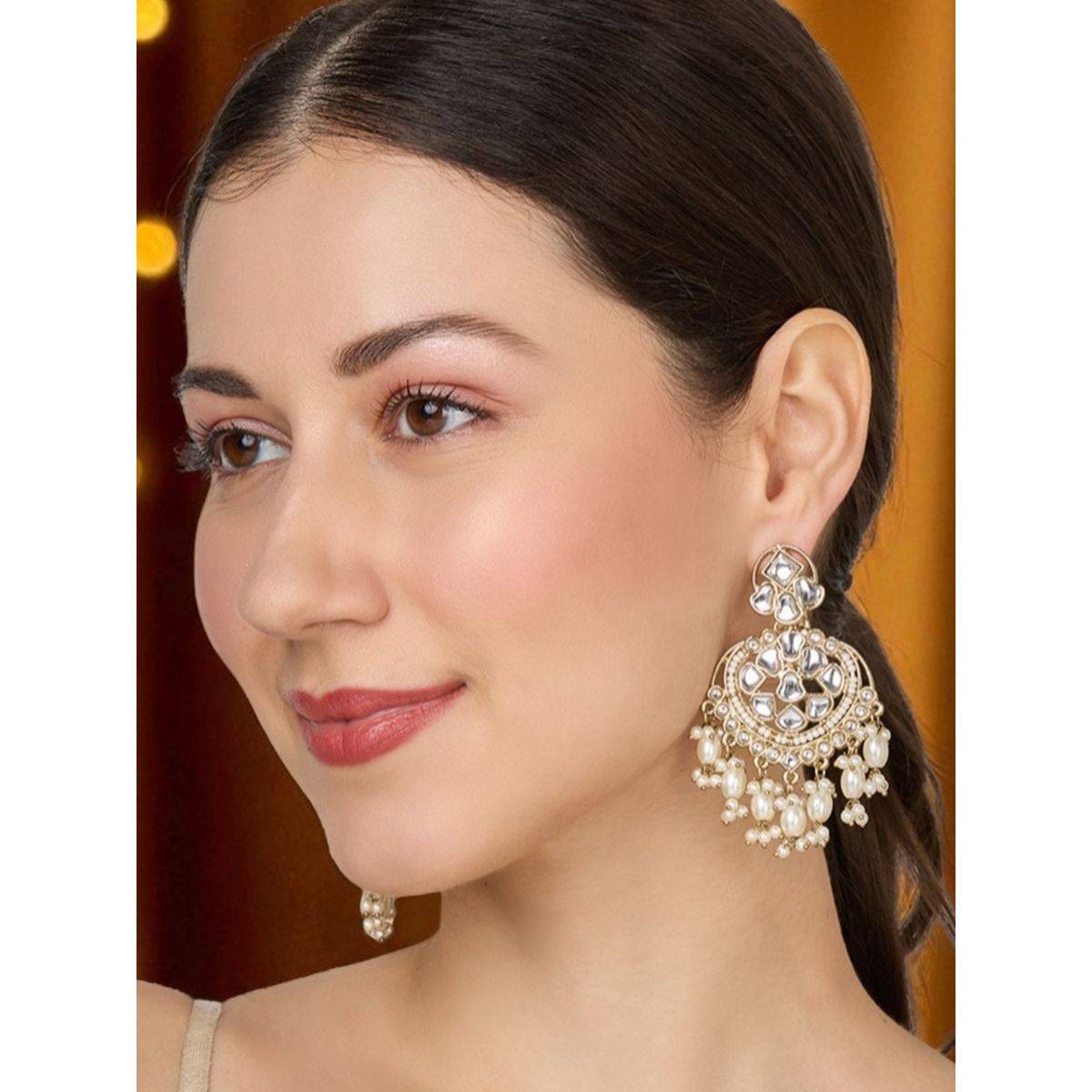 OOMPH Women Gold Ethnic White Kundan and Pearls Drop Earrings