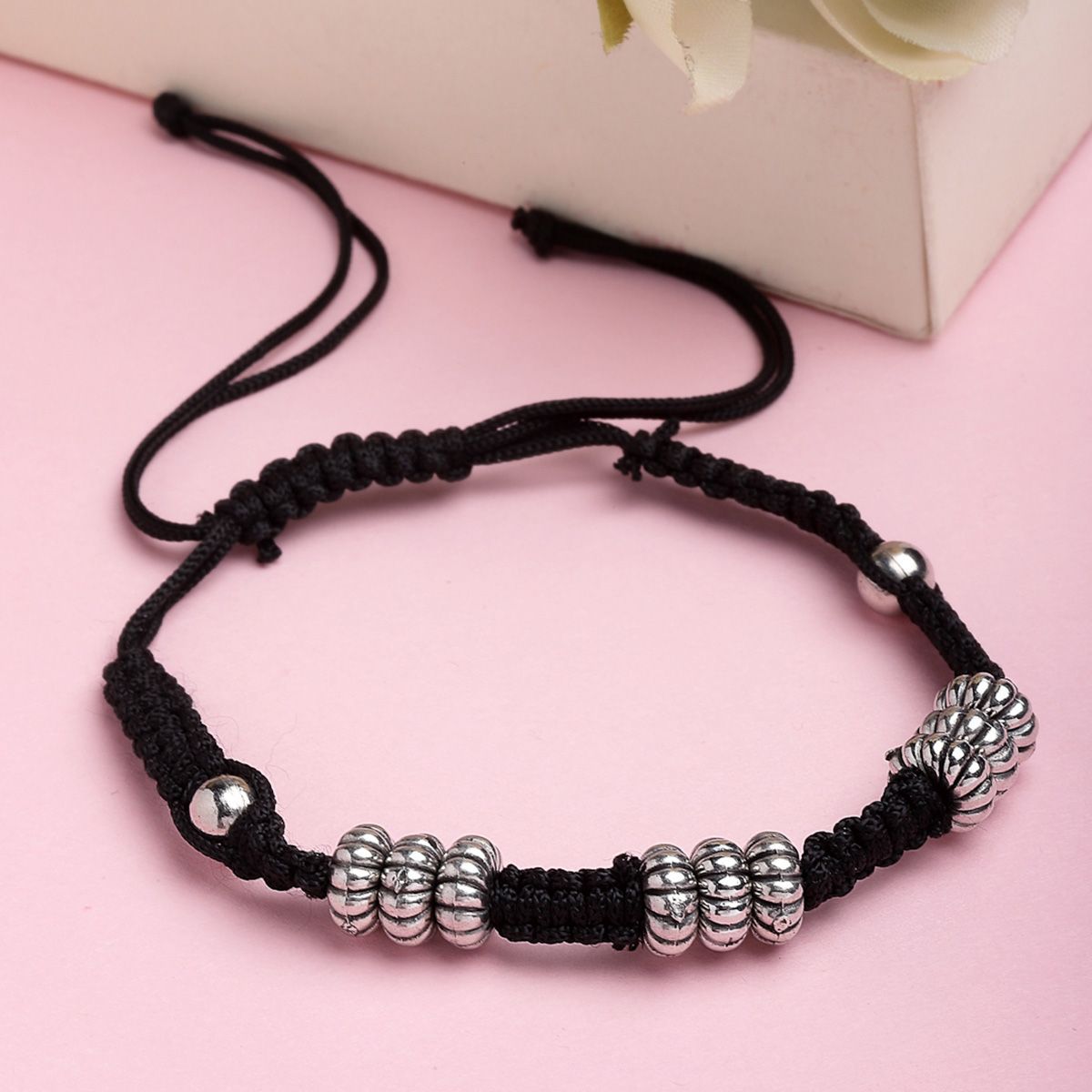 PANASH Oxidized Silver Toned Handcrafted Thread Bracelet Cum Anklet