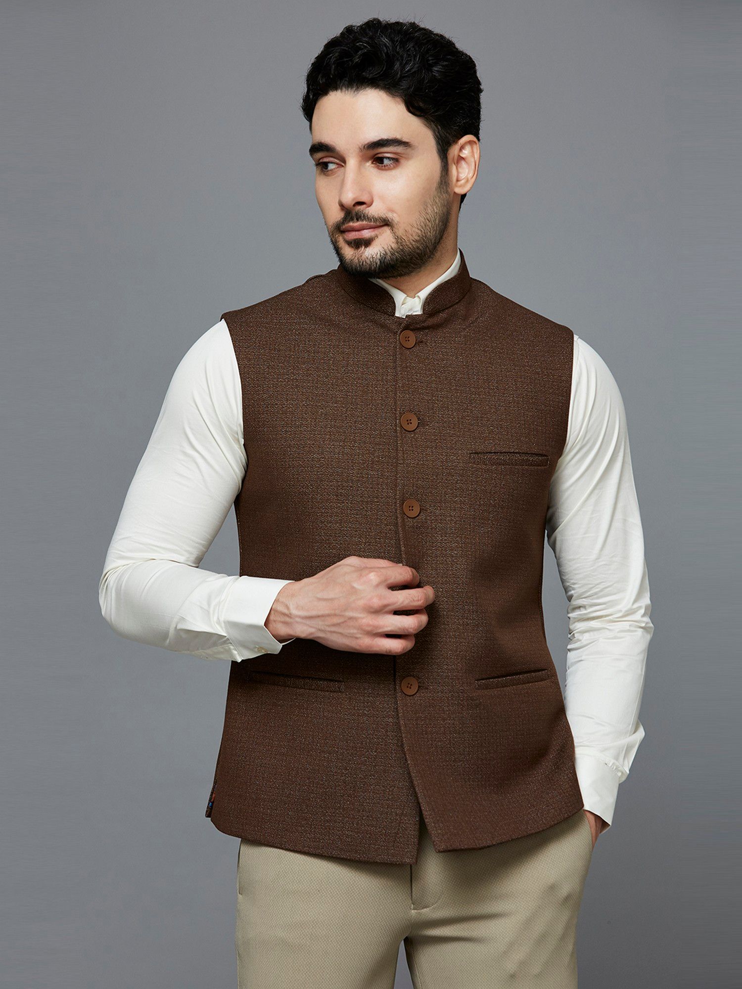 Buy ESSAS club Brown Mandarin Neck Textured Nehru Jacket Online