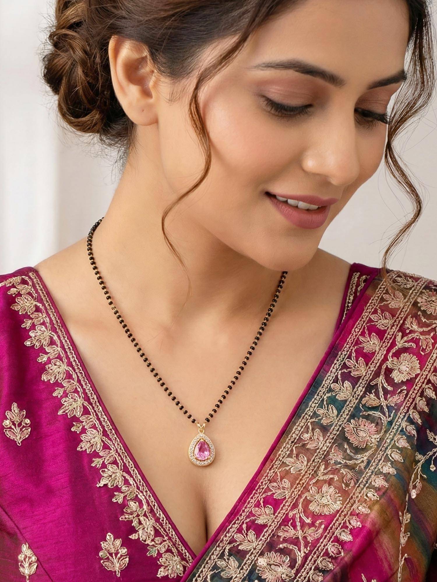 LUCKY JEWELLERY Pink Stone American Diamond Mangalsutra For Women (113-Chms-1279-Pk)