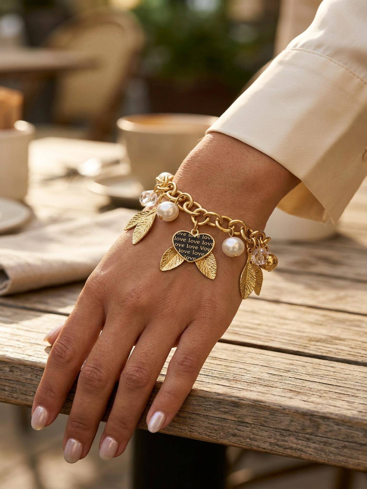 Jewelz Fashion Gold Leaf Charm Bracelet With Pearls