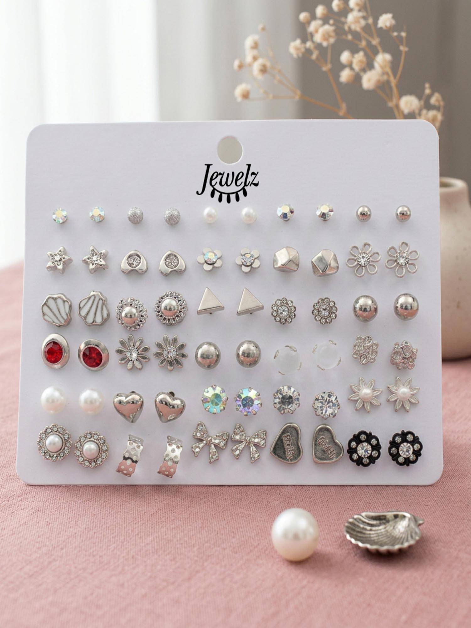 Jewelz Silver And Crystal Stud Earrings Pack Of 30 For Women