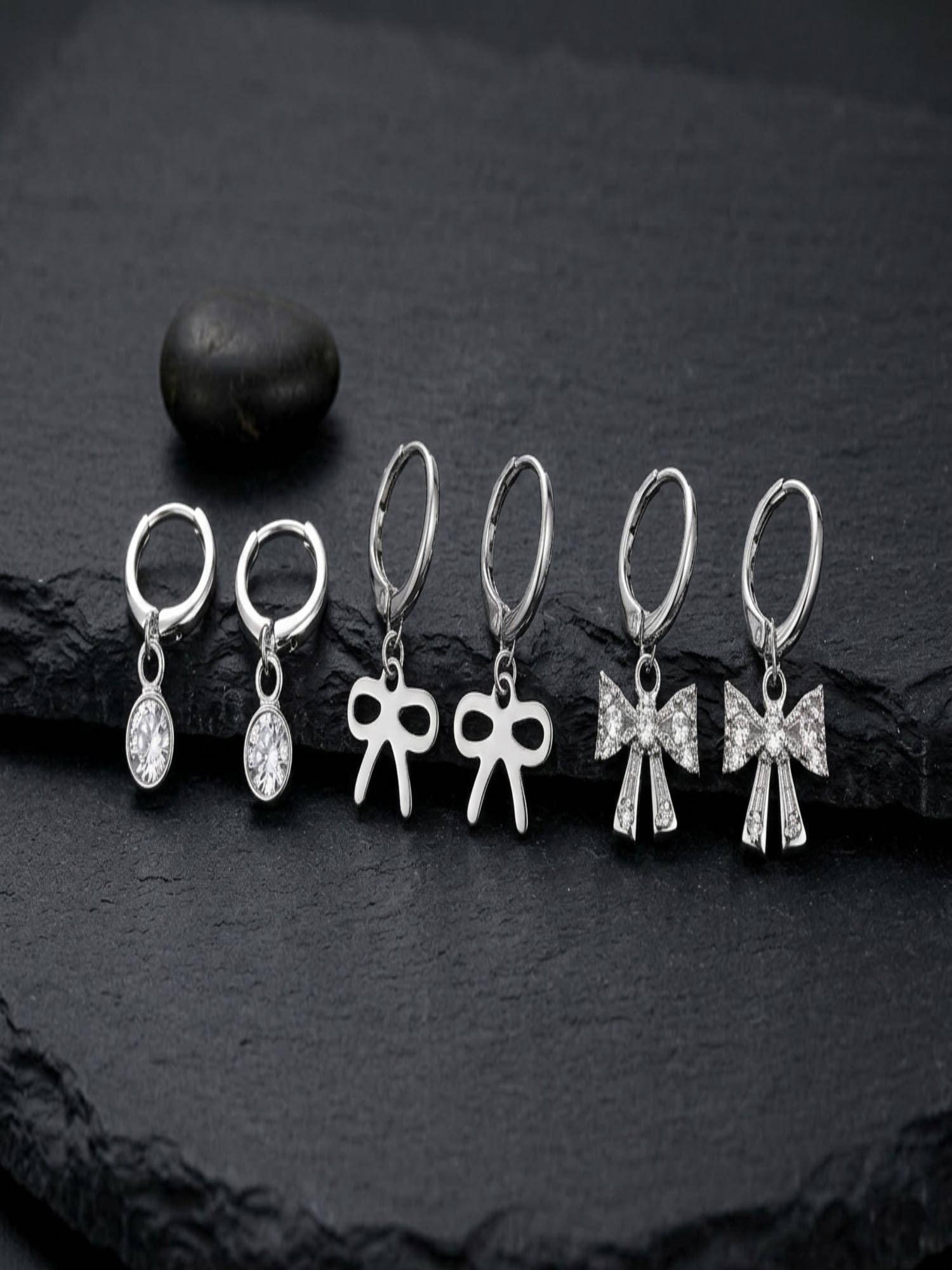 Jewelz Silver Plated Bow Charm Hoop Earrings Pack Of 3 For Women