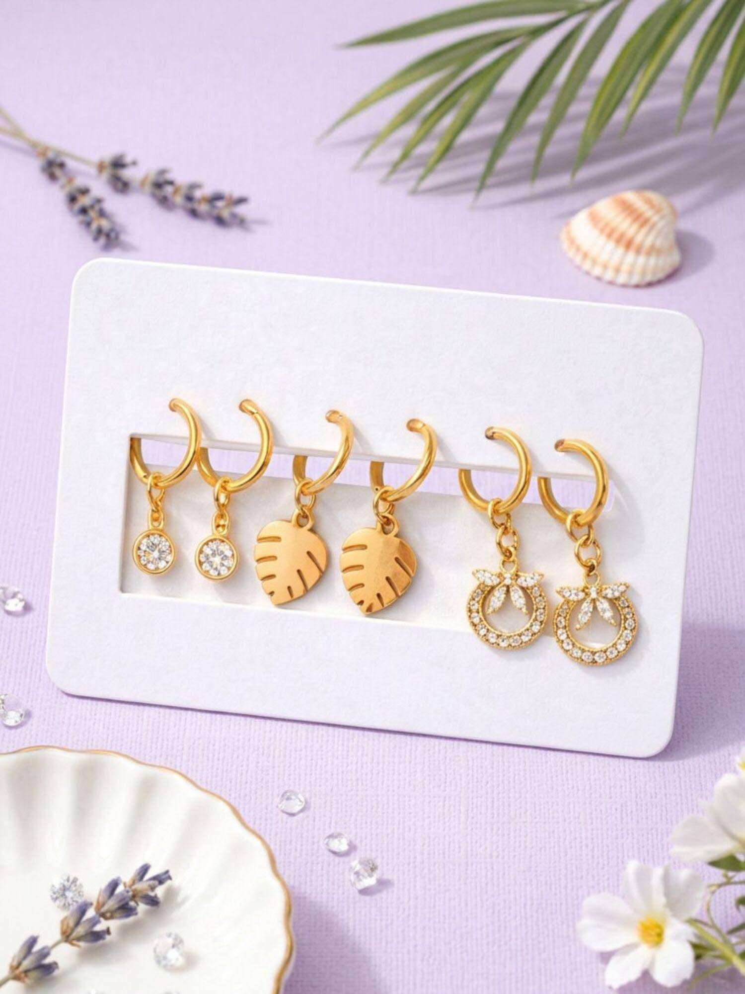 Jewelz Gold-Toned Charm Pack Of 3 Earrings For Women