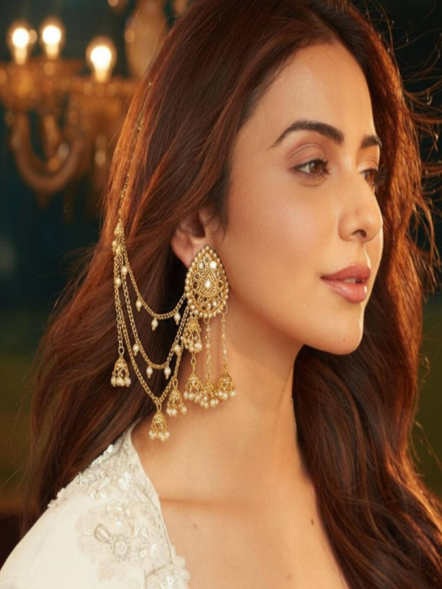 Accessher Gold Teardrop Jhumka with Pearl Hair Chain