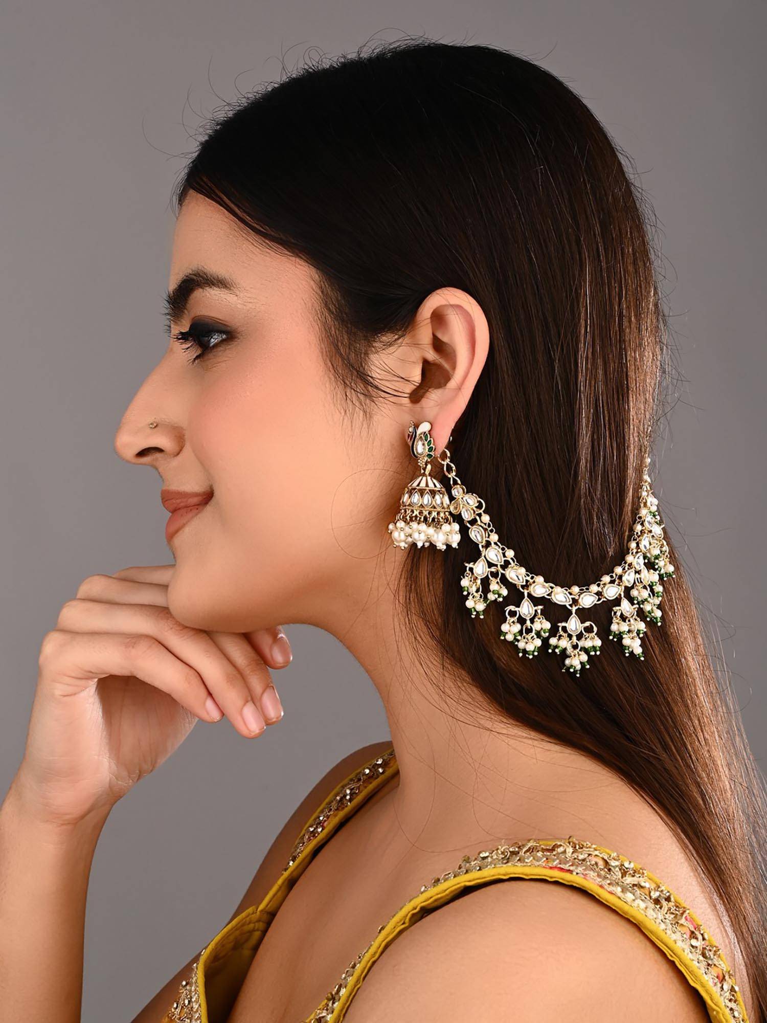 Anvik Kundan And Beads Double Layered Ear Chains Green