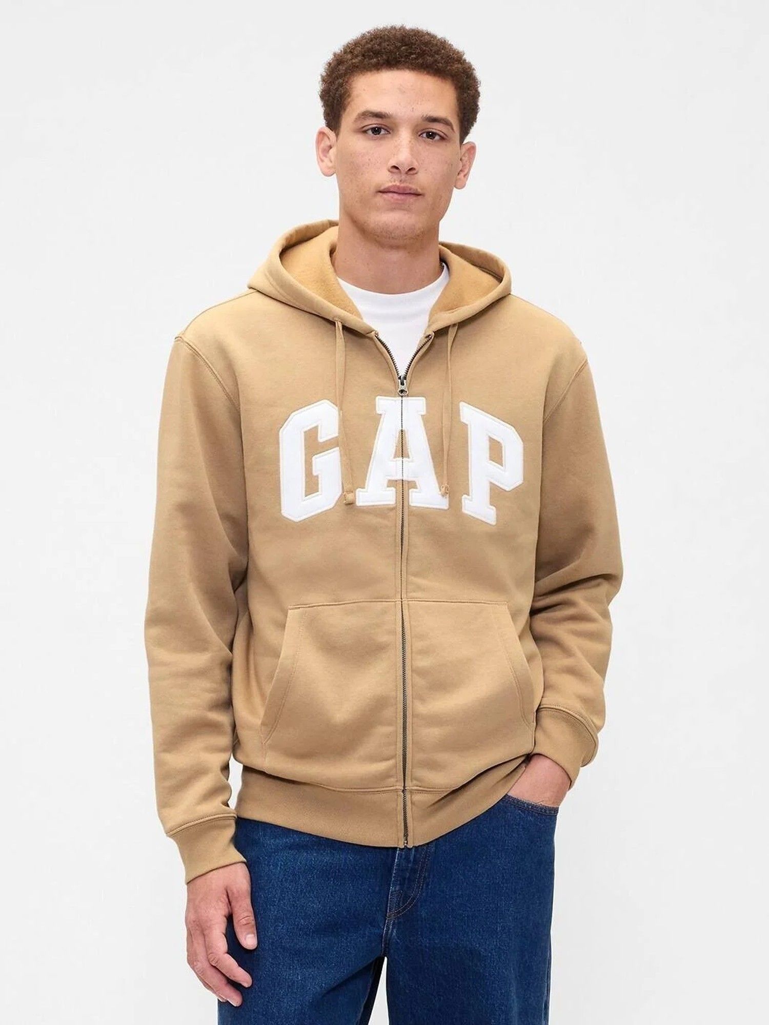 Buy GAP Men's Beige Applique Logo Zip-Front Relaxed Fit Hoodie Online
