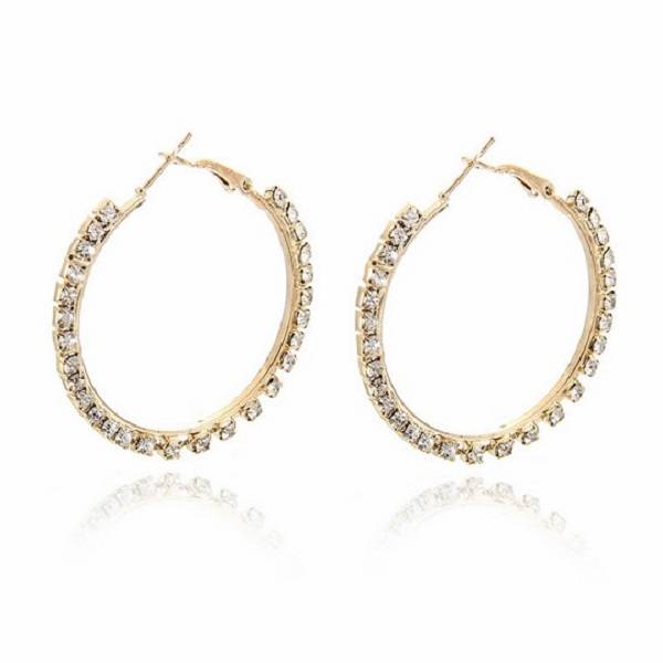 Gold Tone Clip-On Hoop Earrings With Crystal Rhinestones - 2 Inch For Non-Pierced Ears