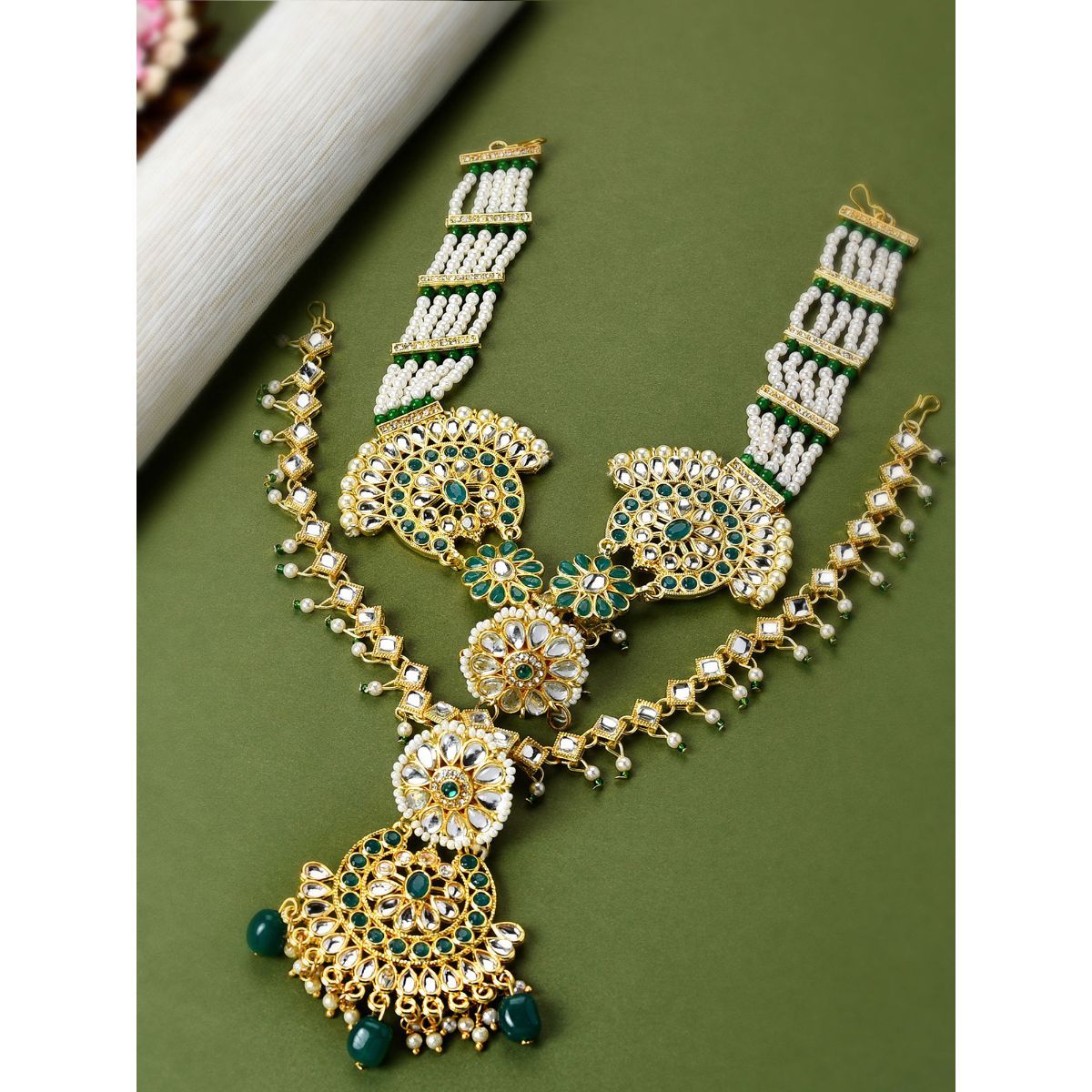 Buy Zaveri Pearls Green Beads Layered Bridal Kundan Mathapatti Zpfk10499 Online 