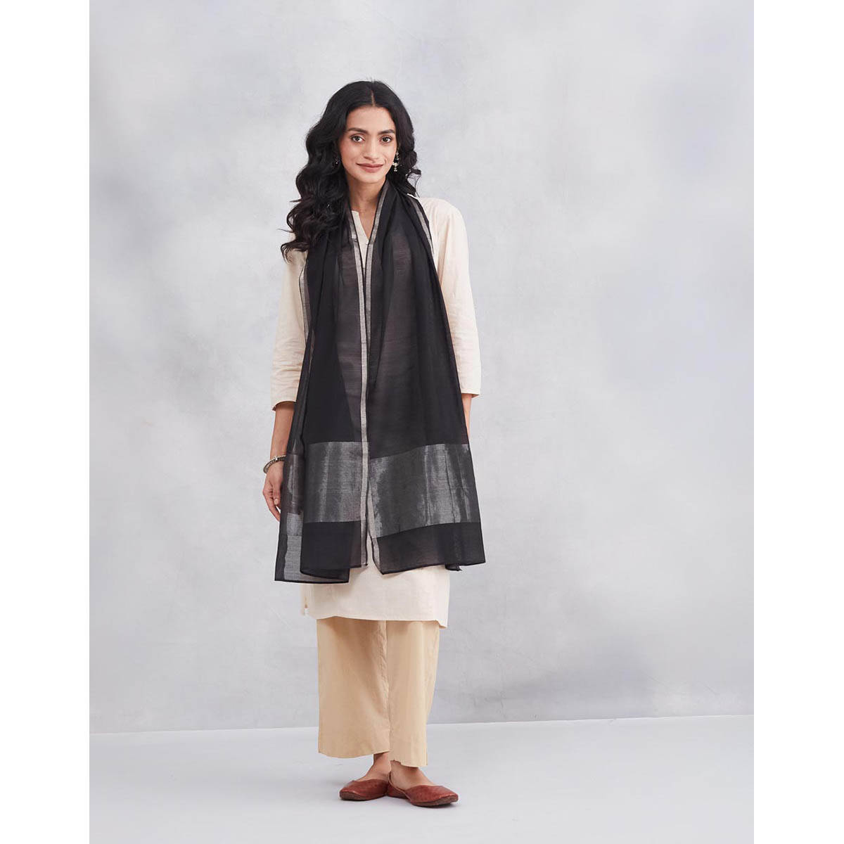 Fabindia Black Cotton Silk Blend Hand Woven Stole