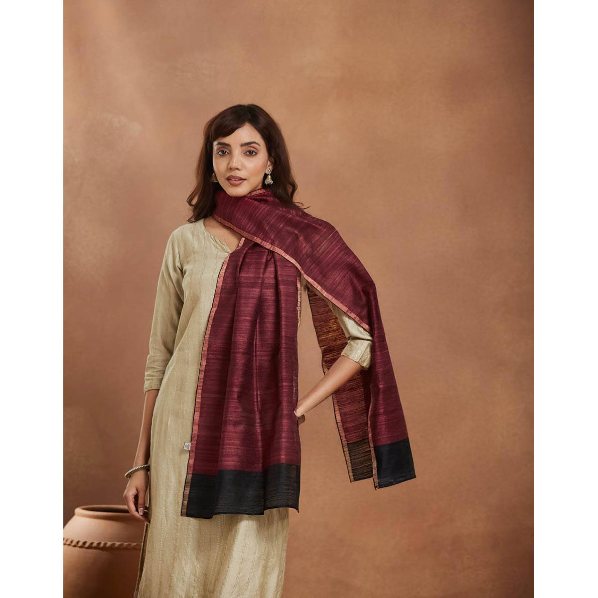 Fabindia Maroon Silk Hand Woven Stole