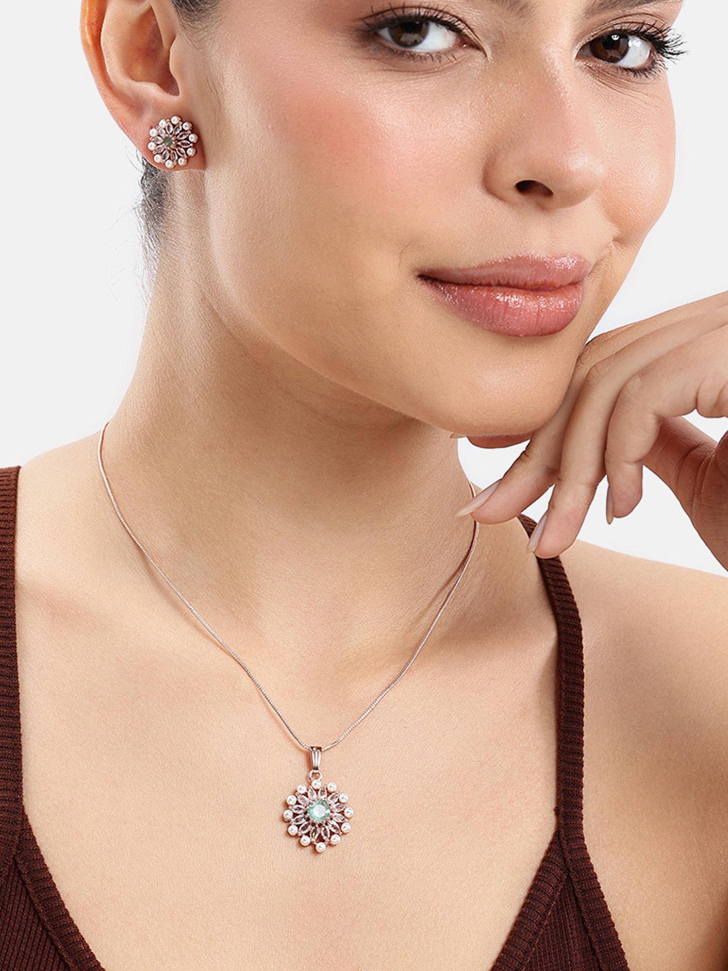 Estele Dazzling Rose gold CZ Floral Necklace Set in Mint Green Accents