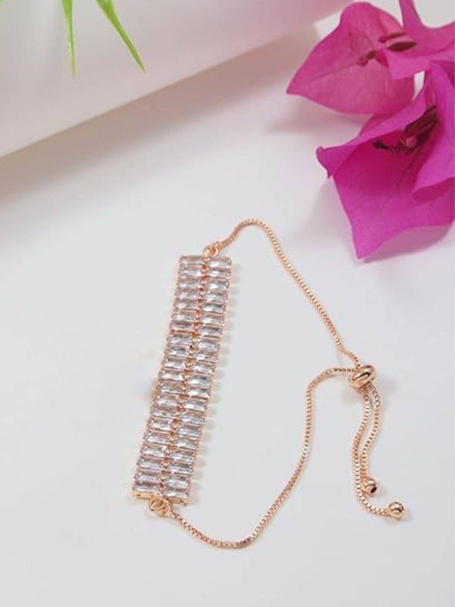 I Jewels Stylish Rose Gold Plated Cubic Zirconia American Diamond Adjustable Bracelet