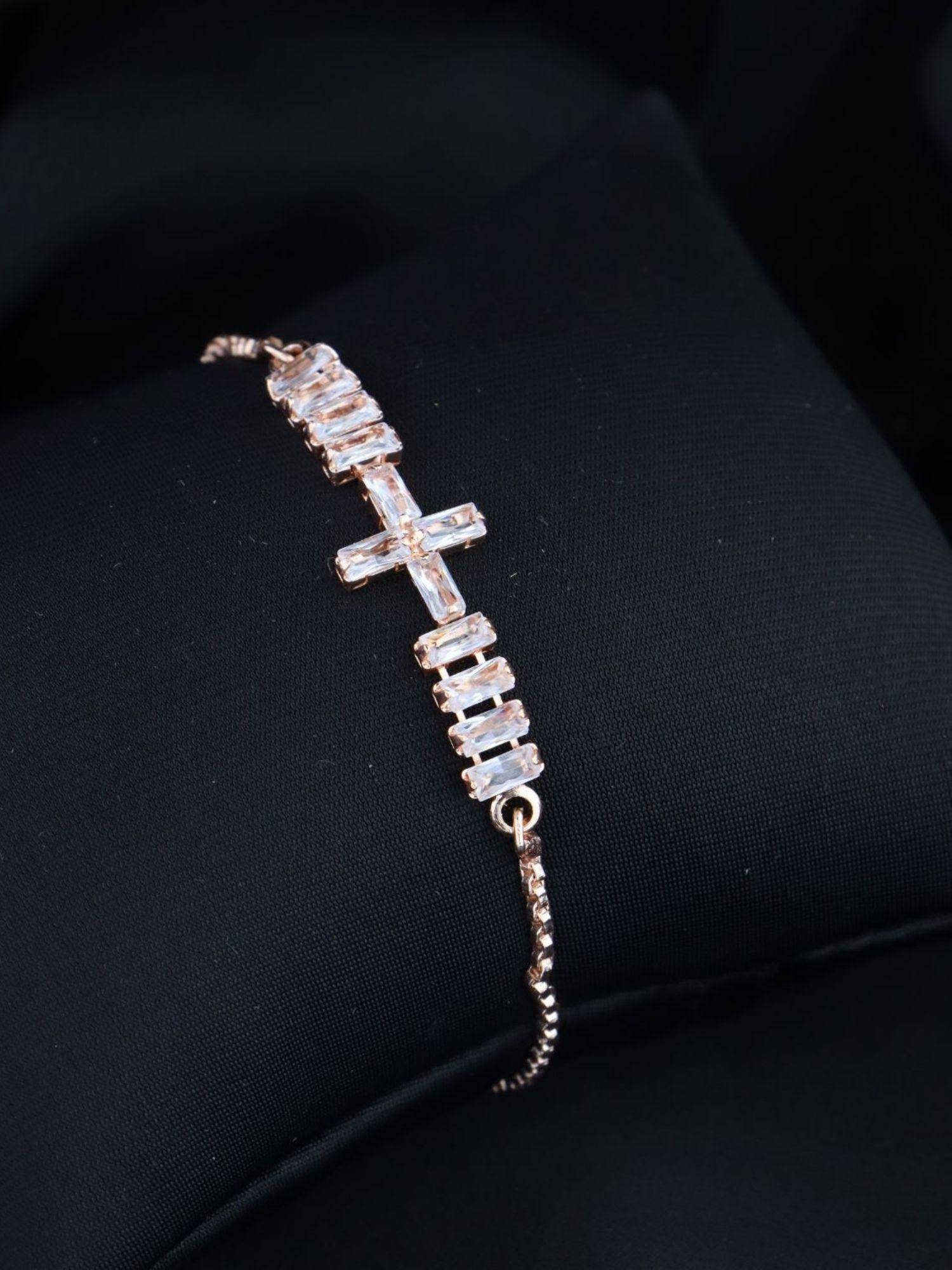 I Jewels Stylish Rose Gold Plated Cubic Zirconia American Diamond Adjustable Bracelet