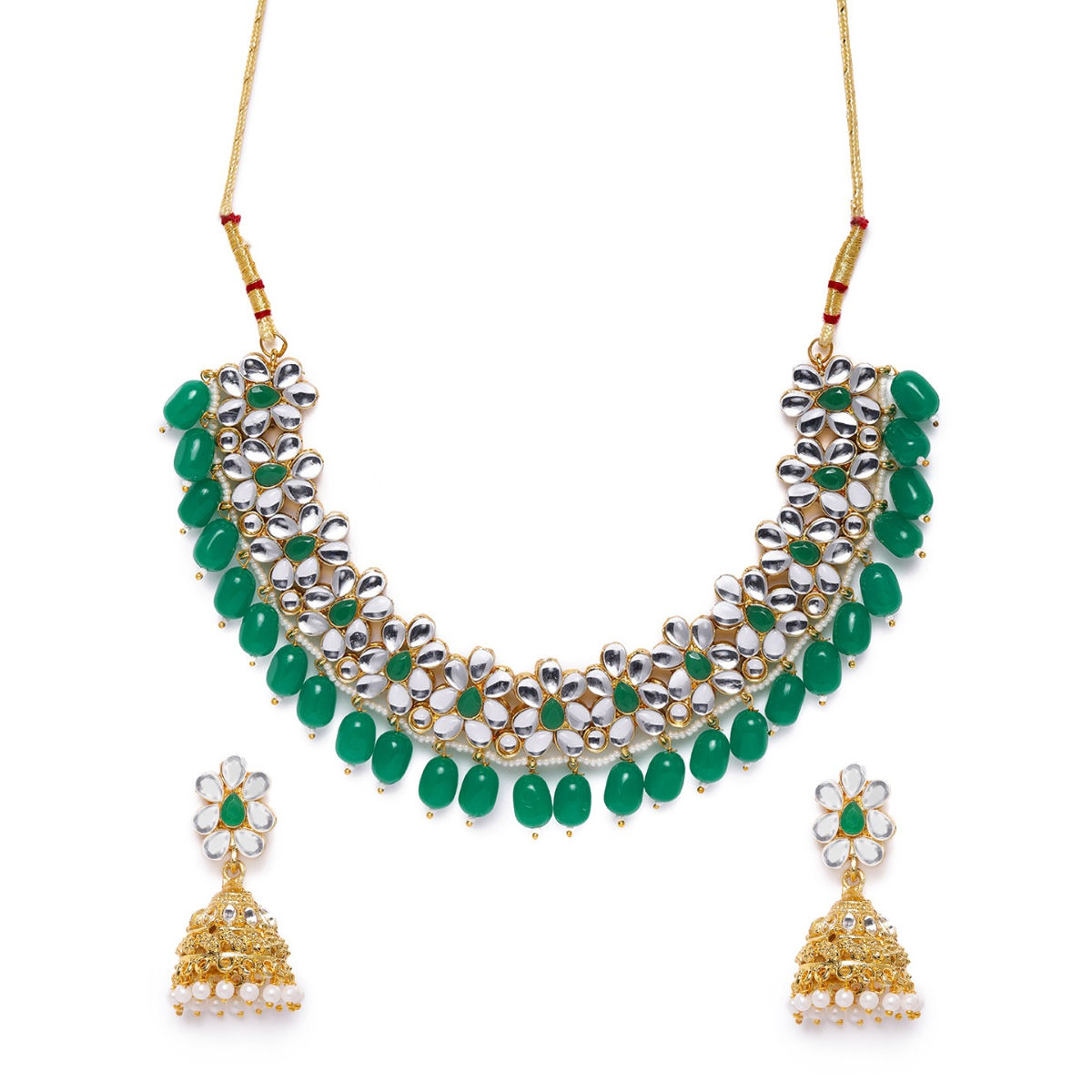 Zaveri Pearls Gold Tone Kundan And Green Beads Floral Necklace And Earring